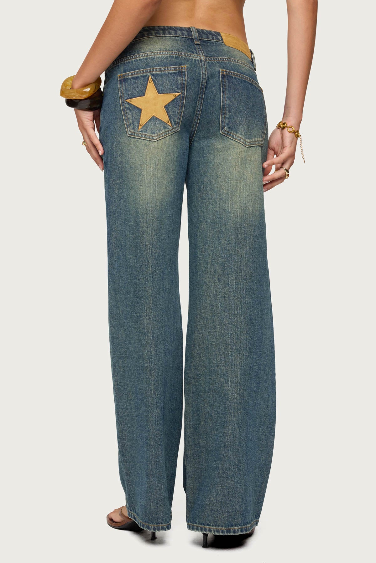 Faux Suede Star Low Rise Baggy Jeans-Milans Time