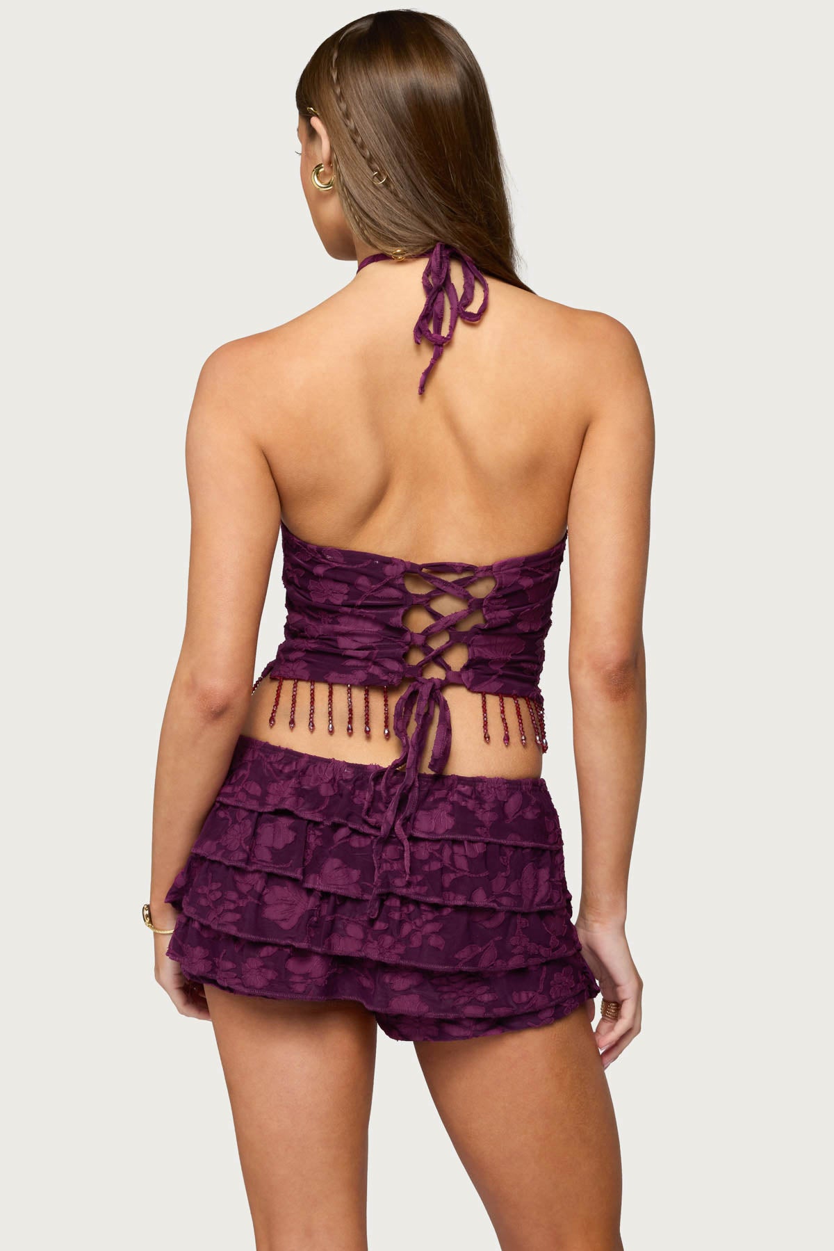 Keyla Bead Fringed Textured Halter Top-Milans Time