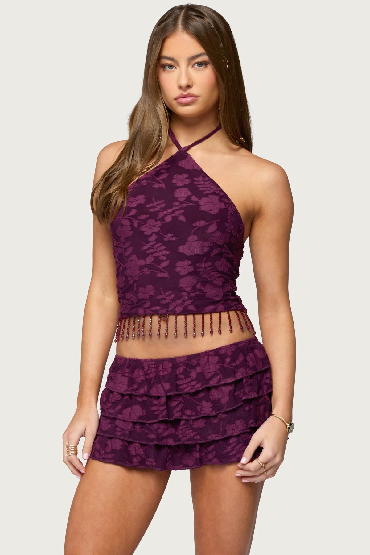 Keyla Bead Fringed Textured Halter Top-Milans Time