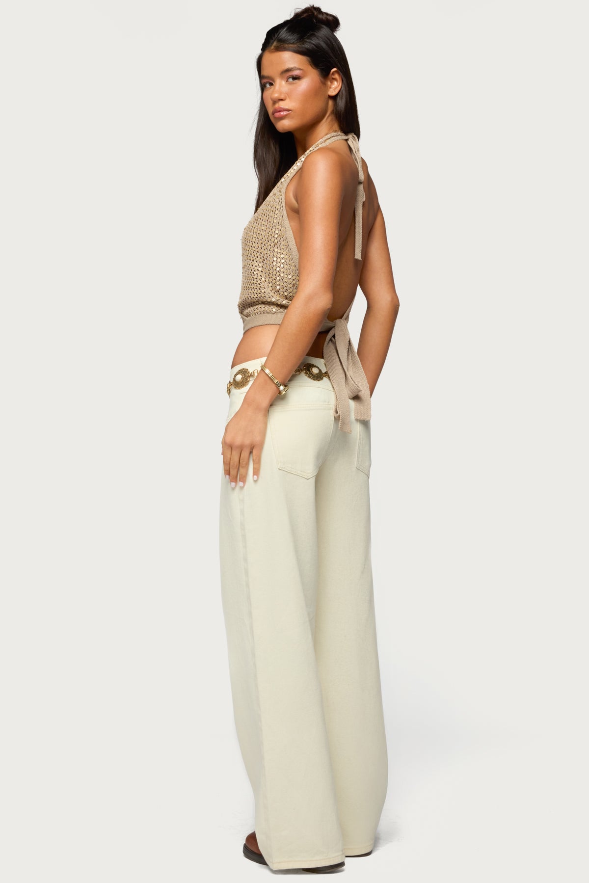 Sequin Crochet Backless Halter Top-Milans Time