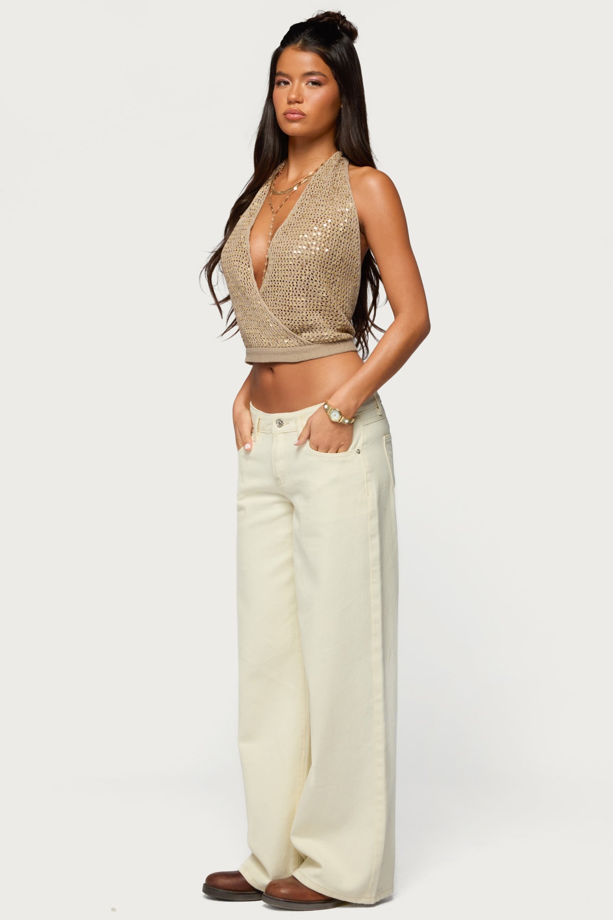 Sequin Crochet Backless Halter Top-Milans Time