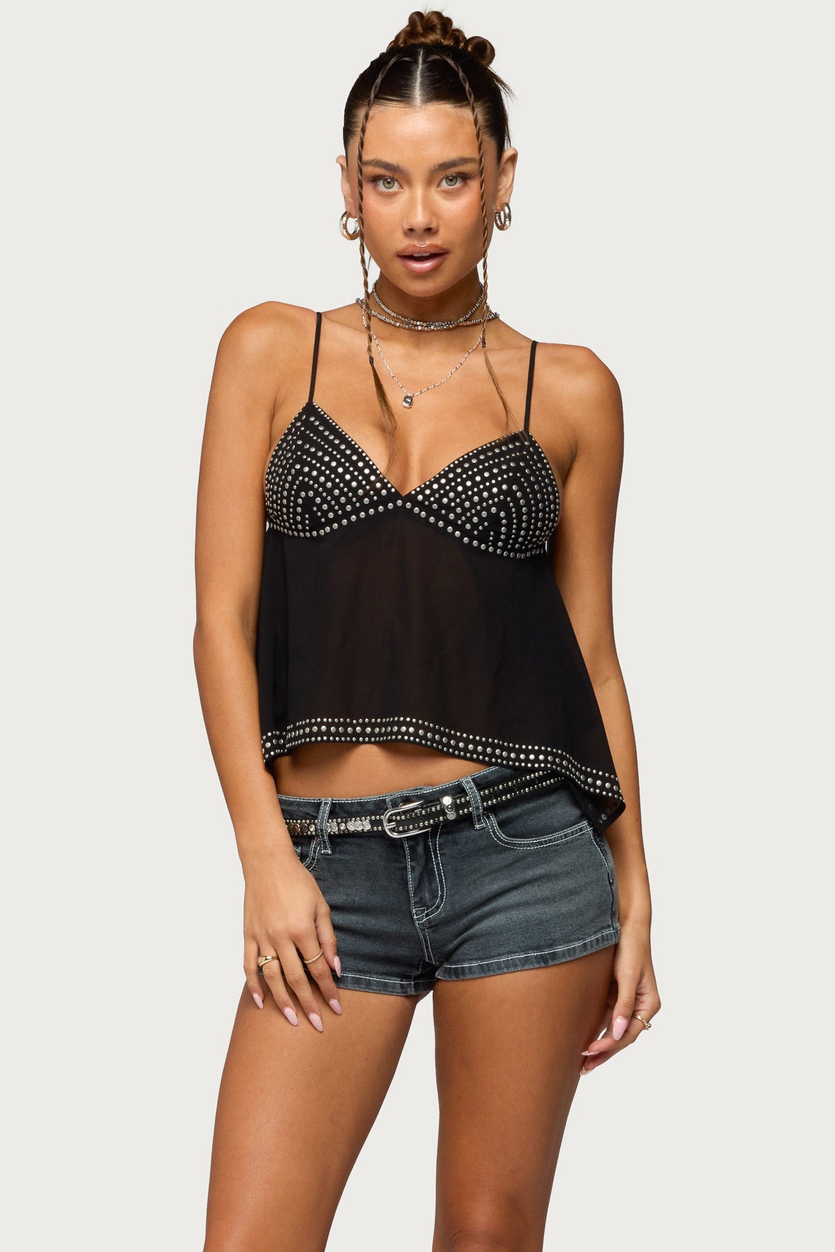 Studded Asymmetric Sheer Babydoll Top-Milans Time