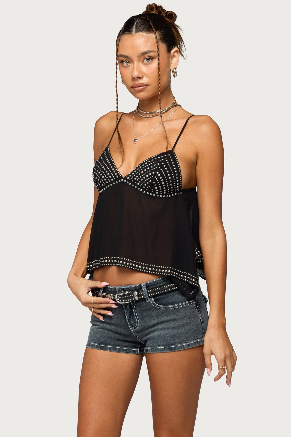 Studded Asymmetric Sheer Babydoll Top-Milans Time