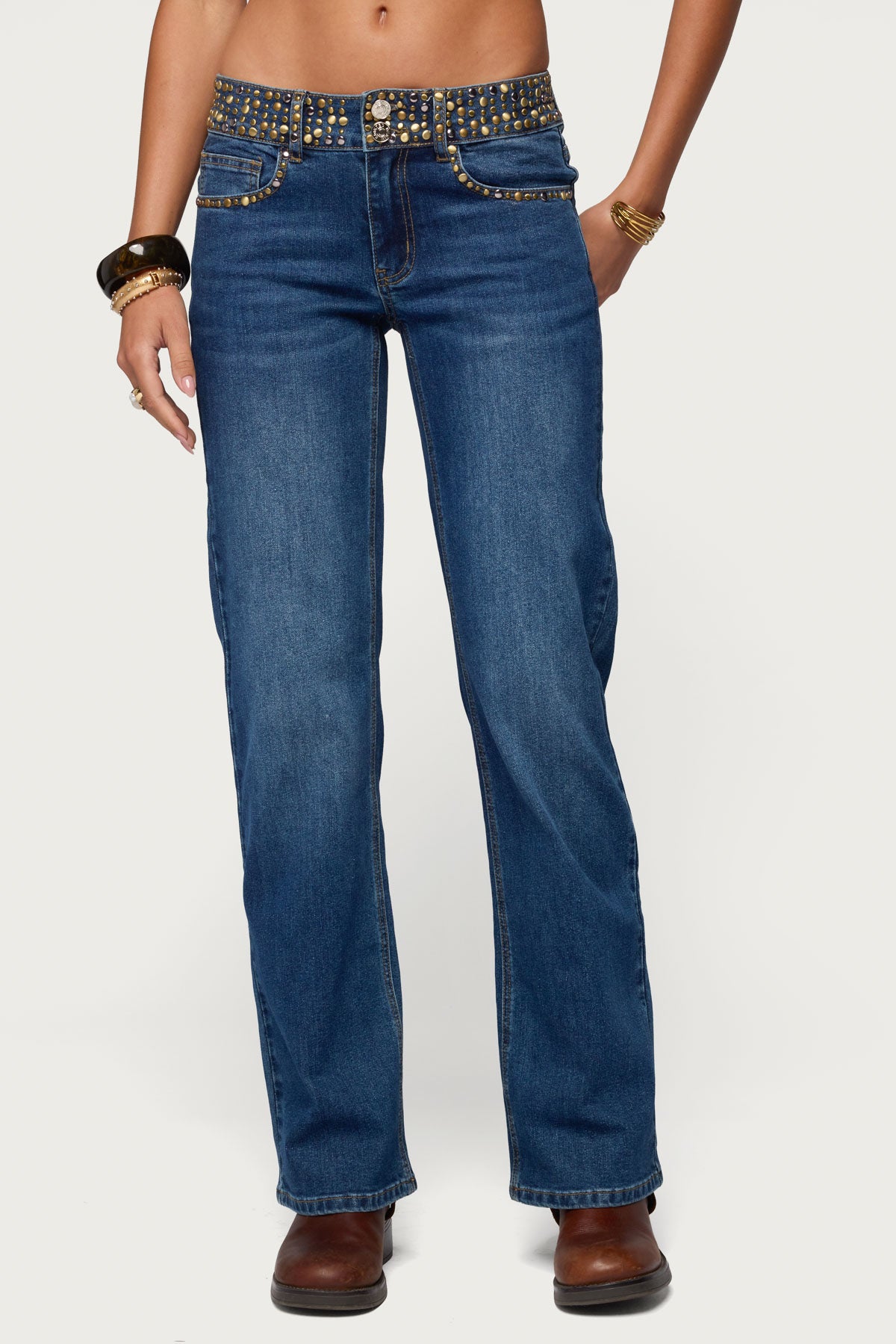 Studded Low Rise Straight Leg Jeans-Milans Time