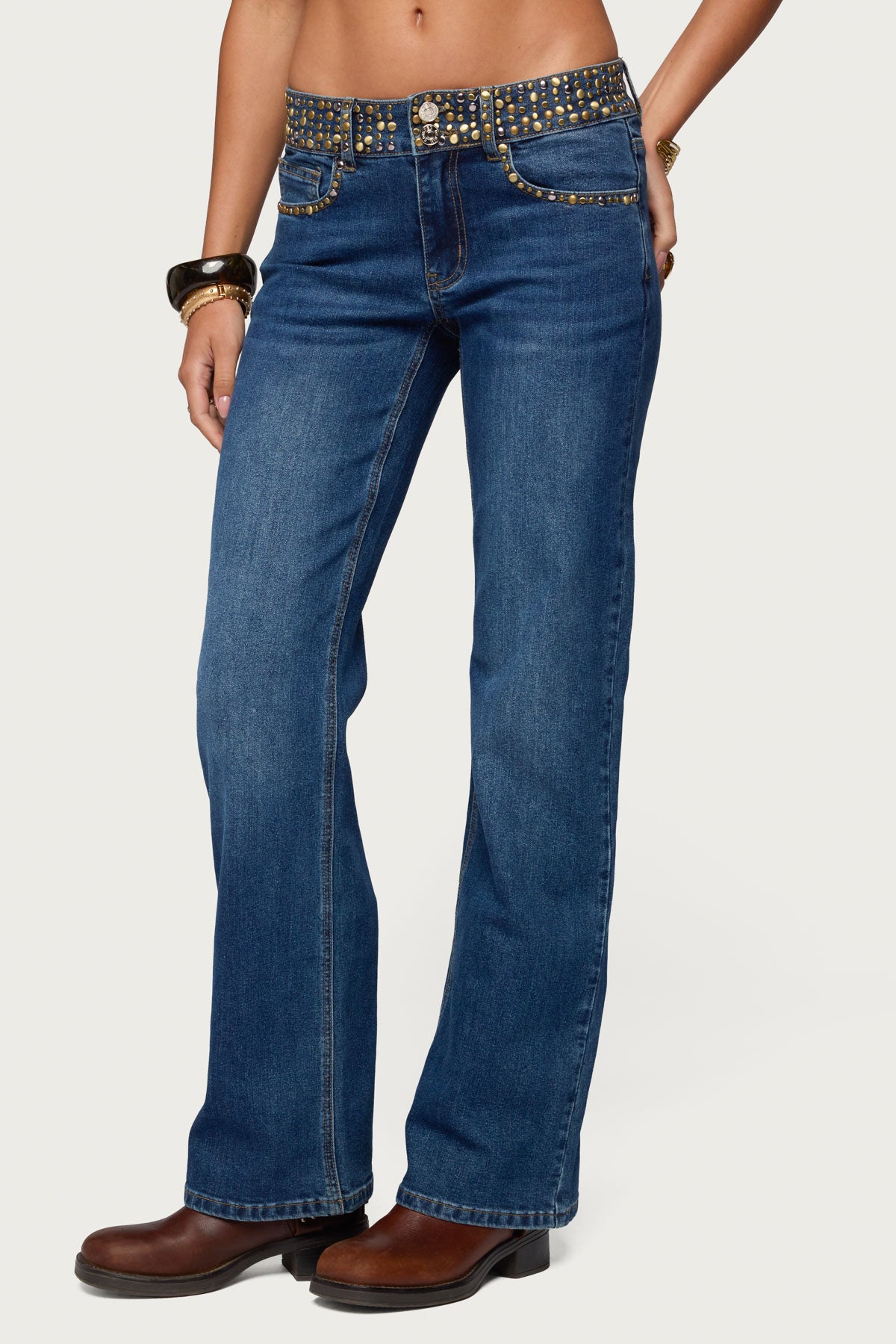 Studded Low Rise Straight Leg Jeans-Milans Time