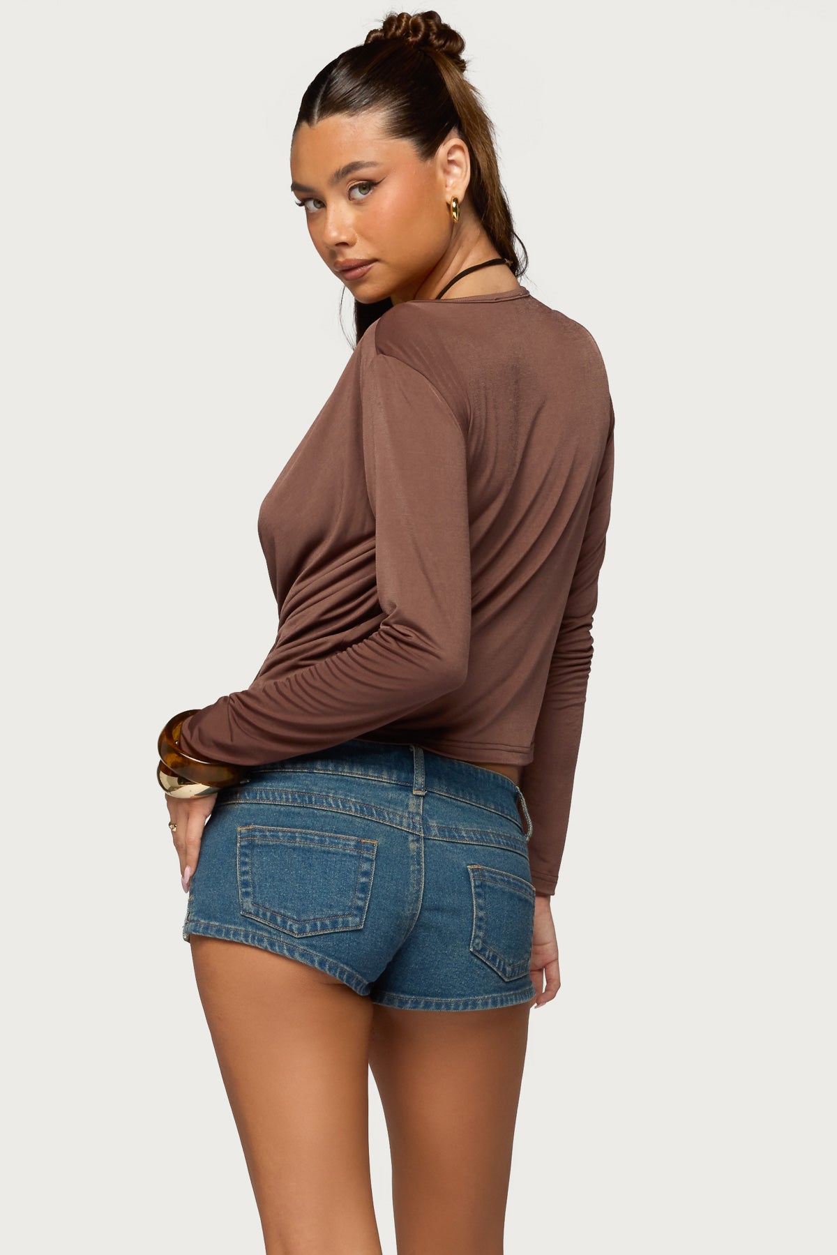 Draped V Neck Long Sleeve Top-Milans Time