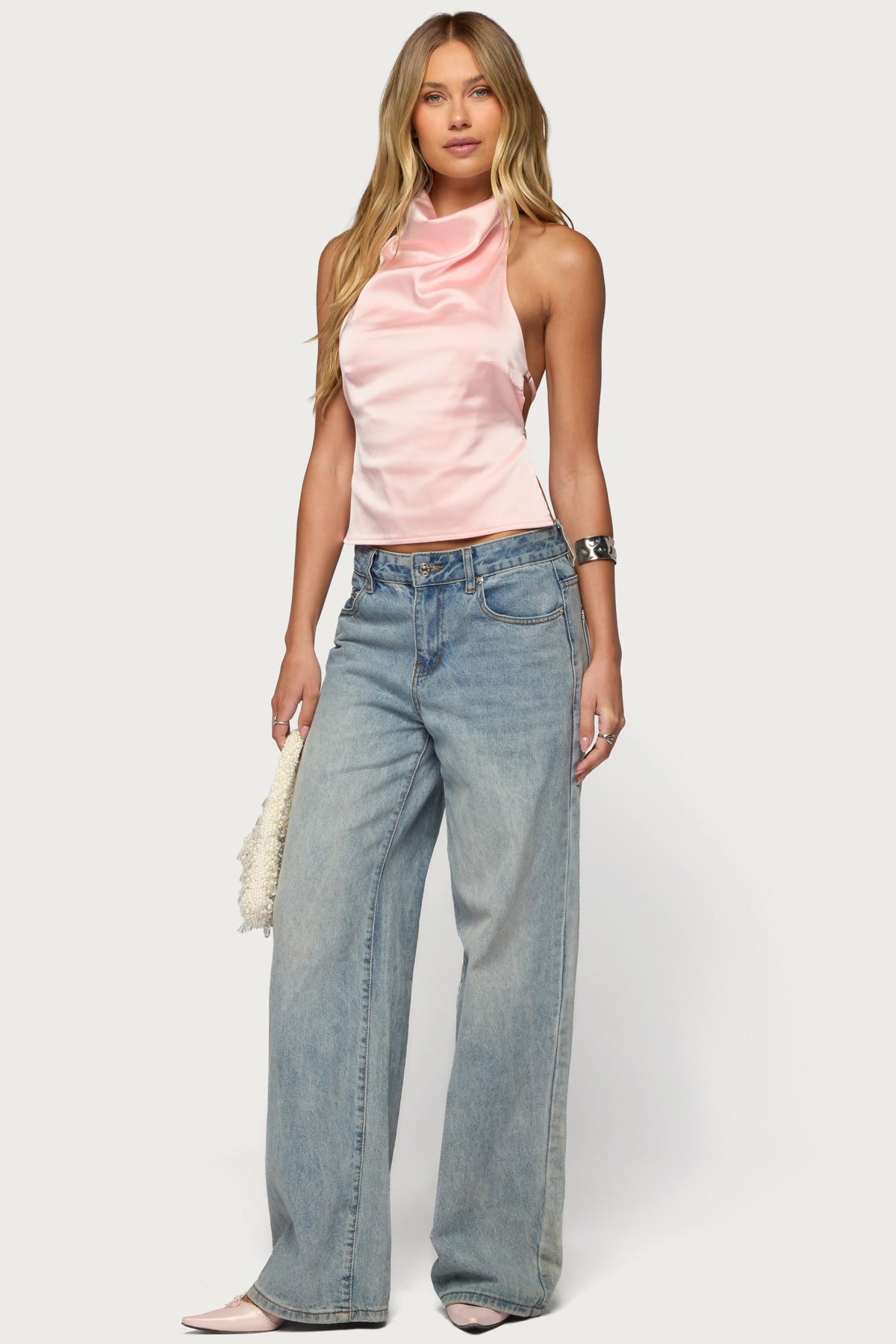 Satin Effect Backless Cowl Neck Top-Milans Time