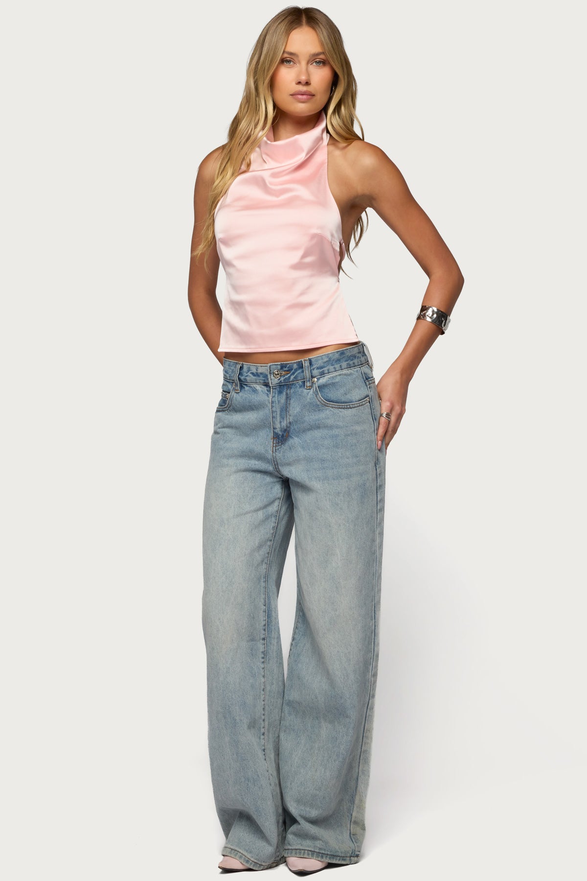 Satin Effect Backless Cowl Neck Top-Milans Time