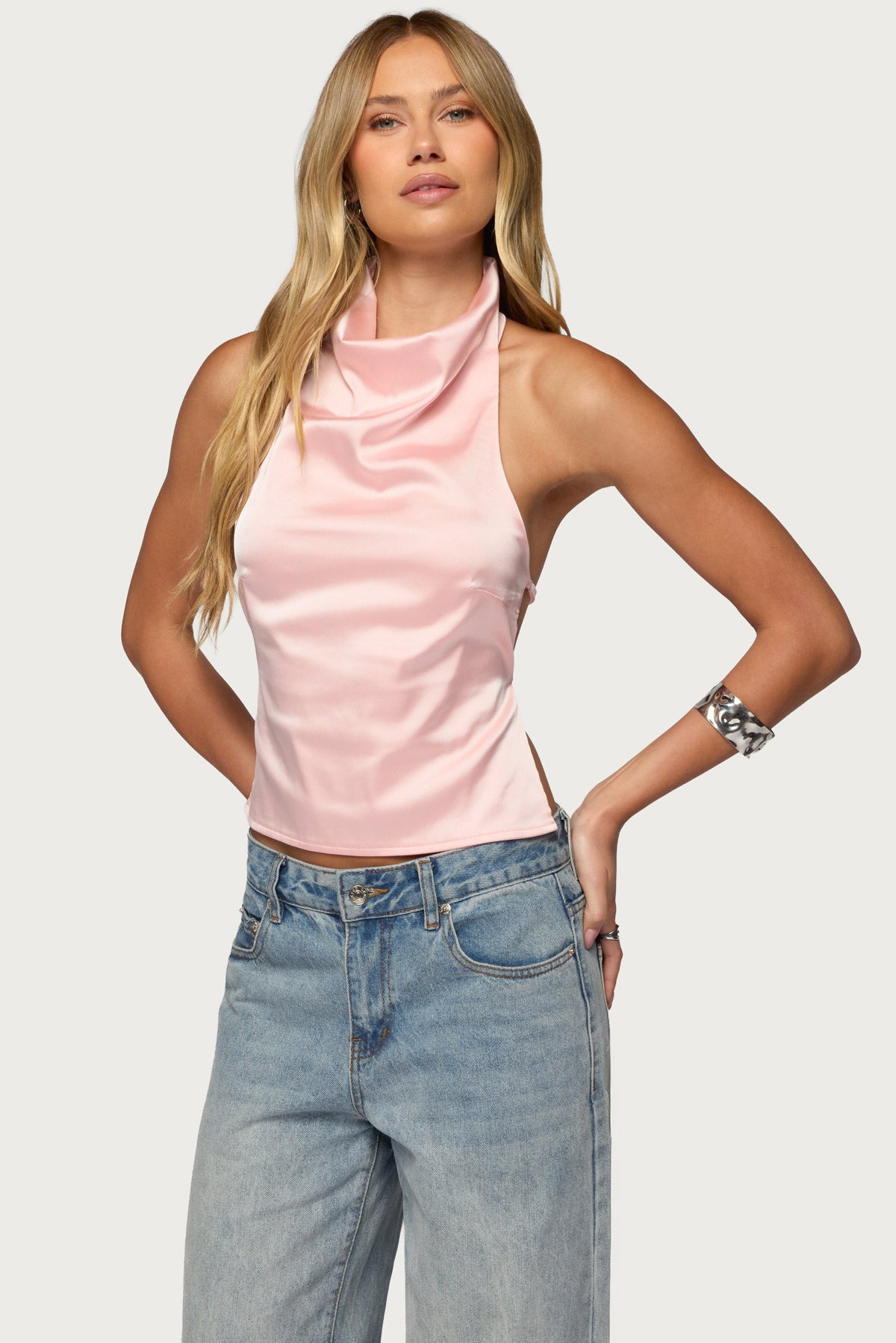 Satin Effect Backless Cowl Neck Top-Milans Time