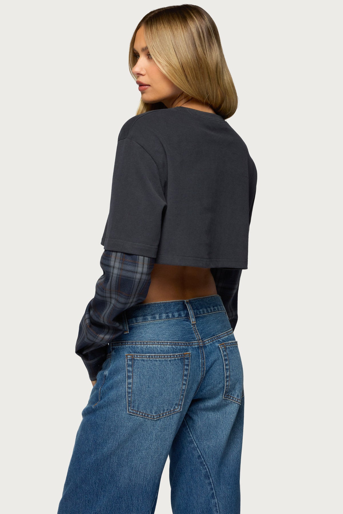 Plaid Sleeves Layered Crop Top-Milans Time