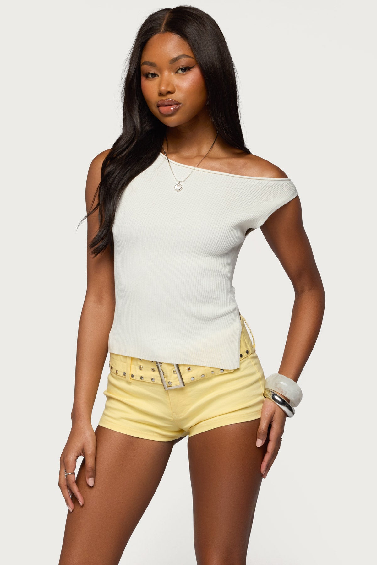 Myrah Asymmetric Off Shoulder Ribbed Knit Top-Milans Time