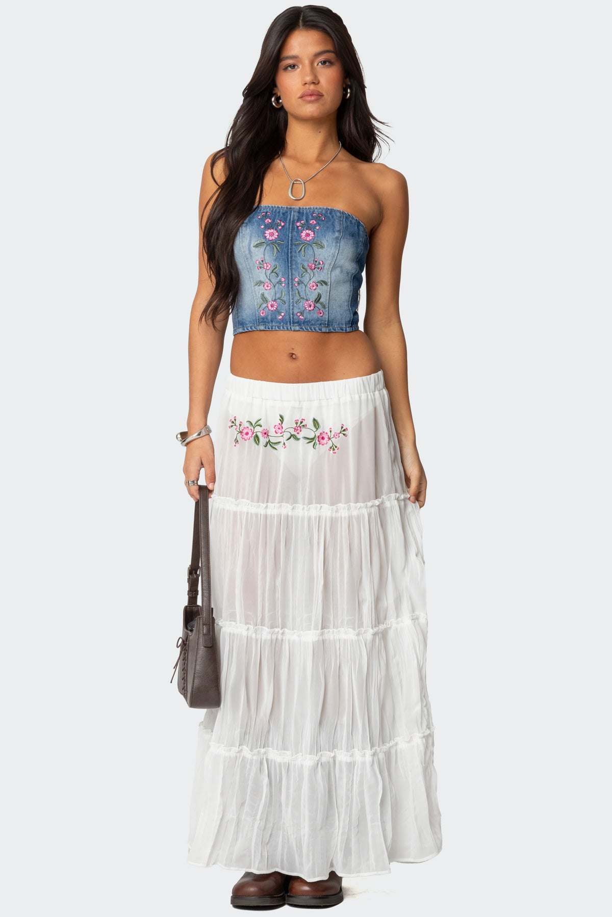 Tai Embroidered Tiered Maxi Skirt-Milans Time
