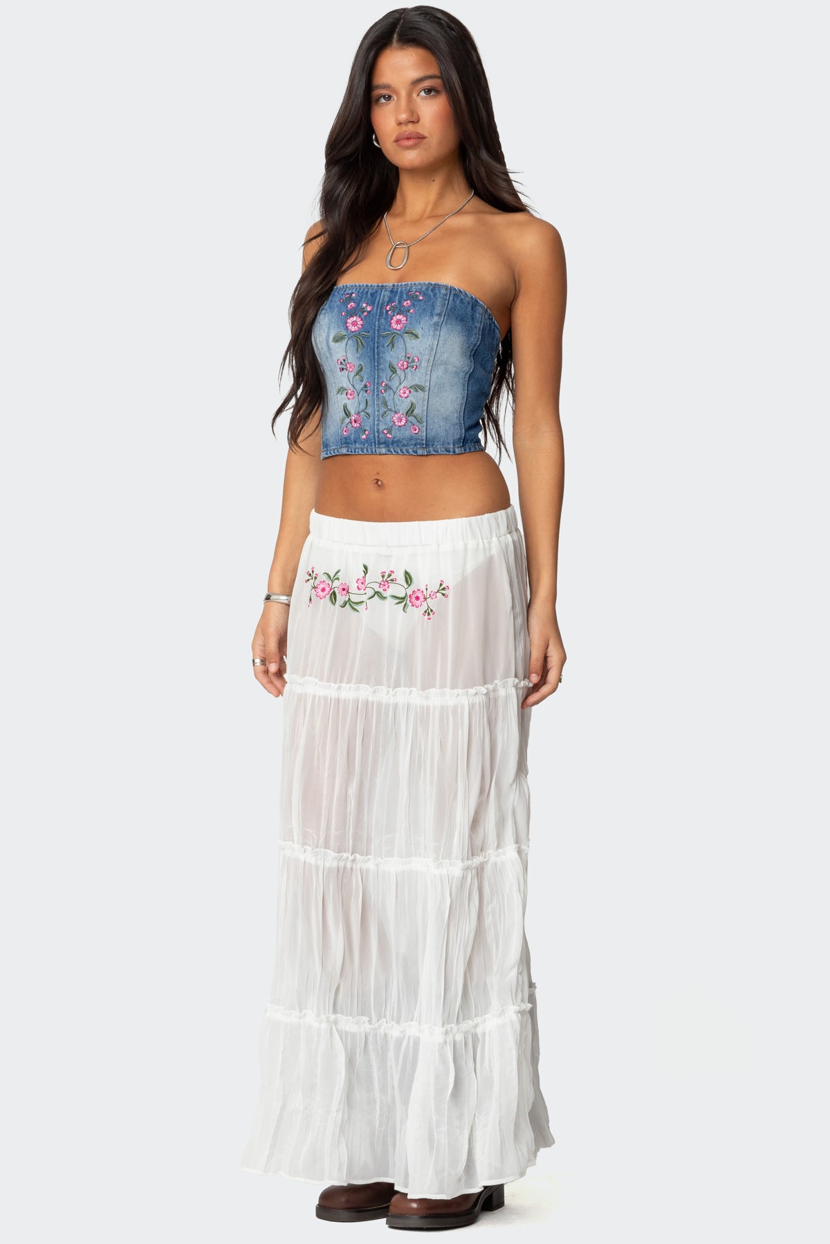 Tai Embroidered Tiered Maxi Skirt-Milans Time