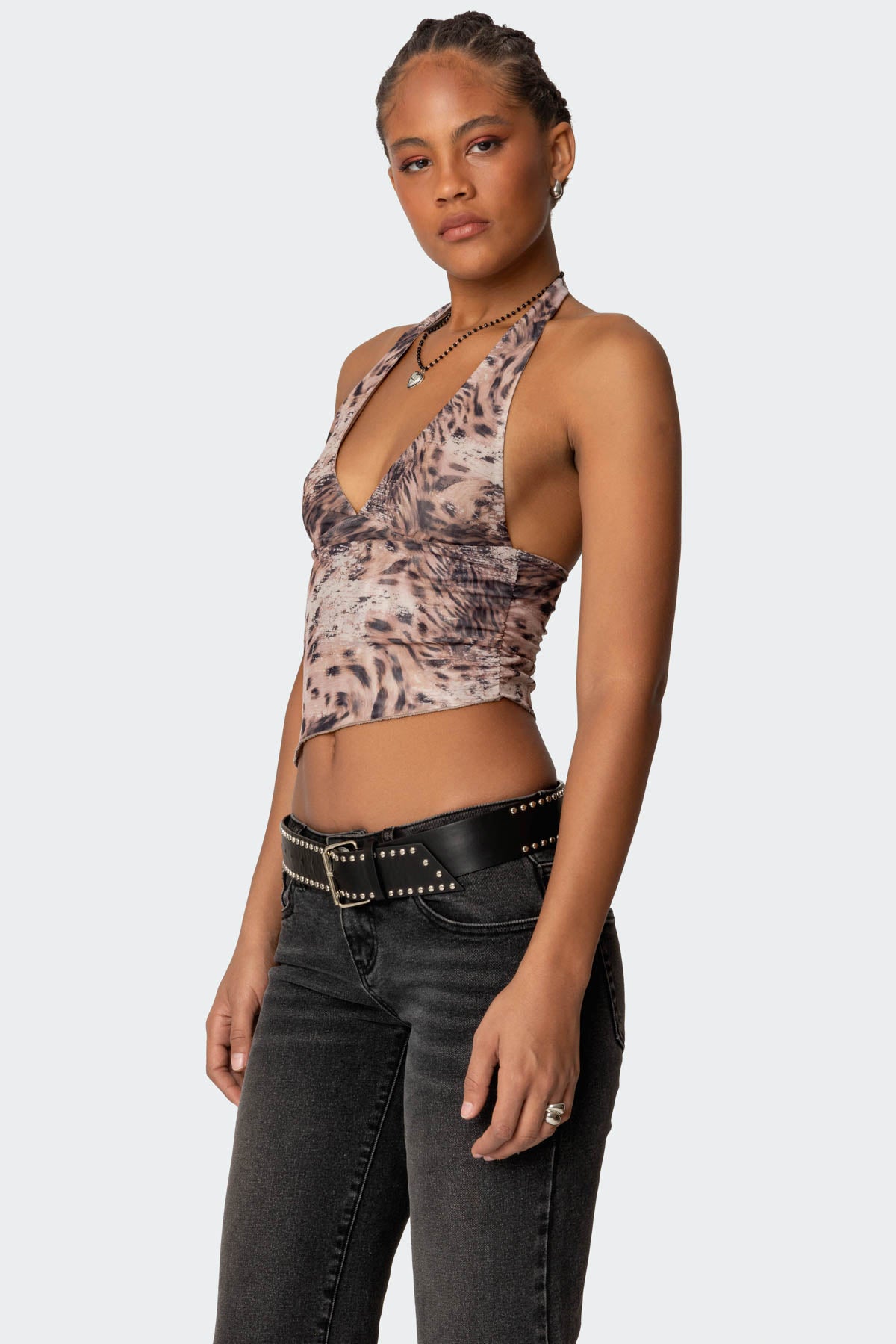 Leopard Mesh Asymmetric Halter Top-Milans Time