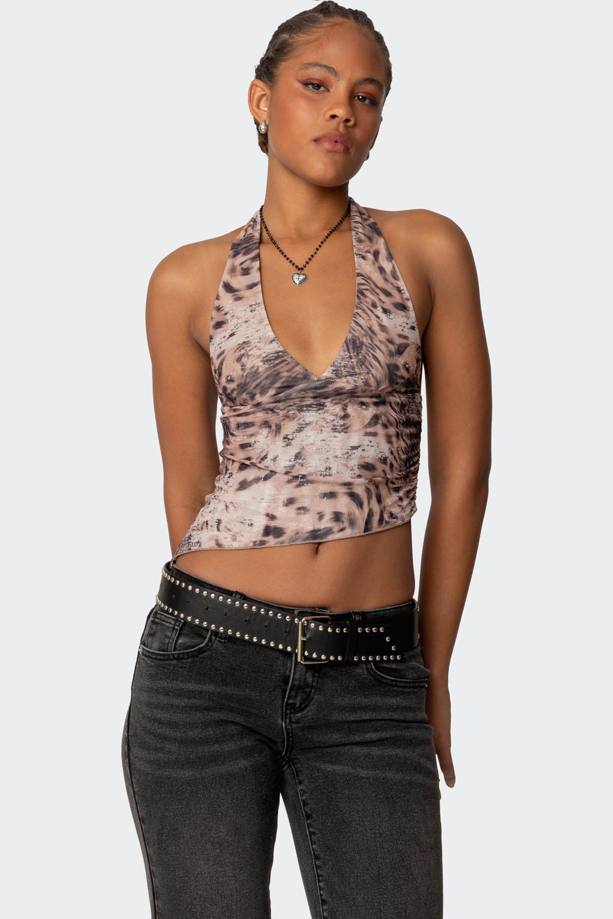 Leopard Mesh Asymmetric Halter Top-Milans Time