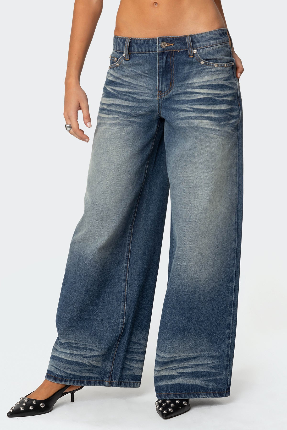 Faux Leather Pocket Low Rise Baggy Jeans-Milans Time