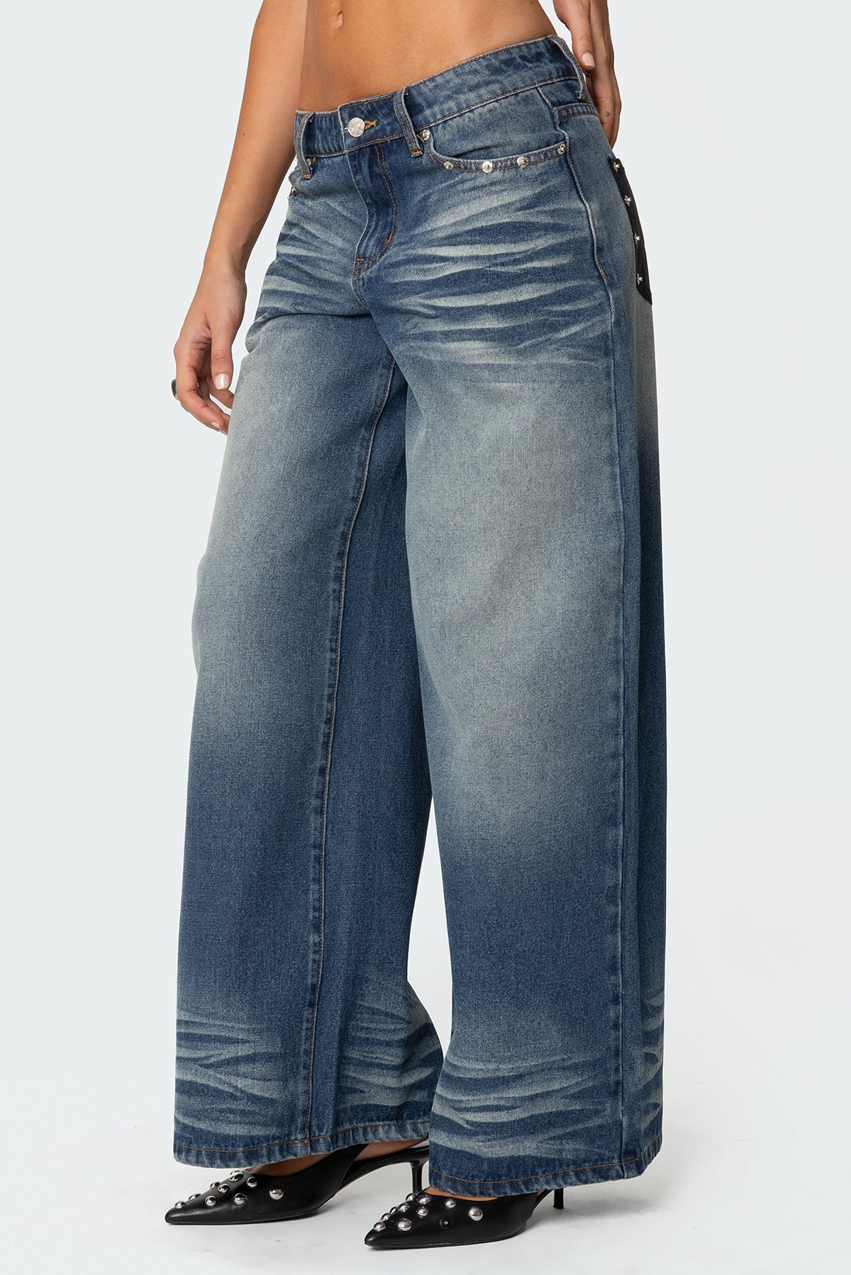 Faux Leather Pocket Low Rise Baggy Jeans-Milans Time