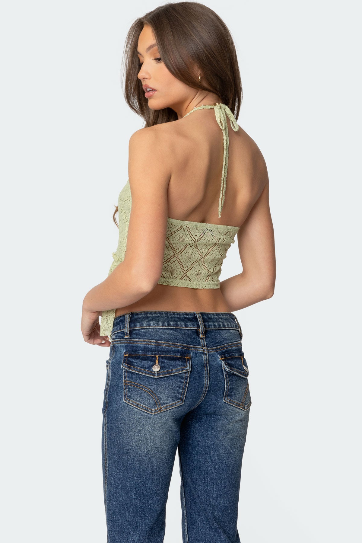 Asymmetric Sheer Lace Halter Top-Milans Time