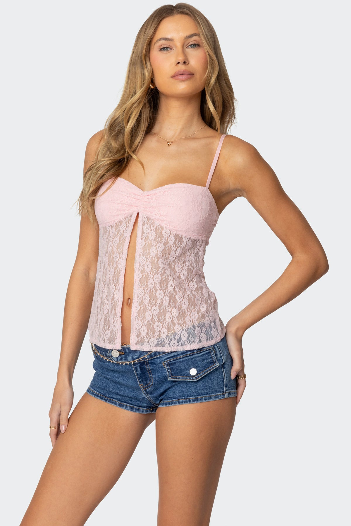 Priya Sheer Lace Split Front Top-Milans Time