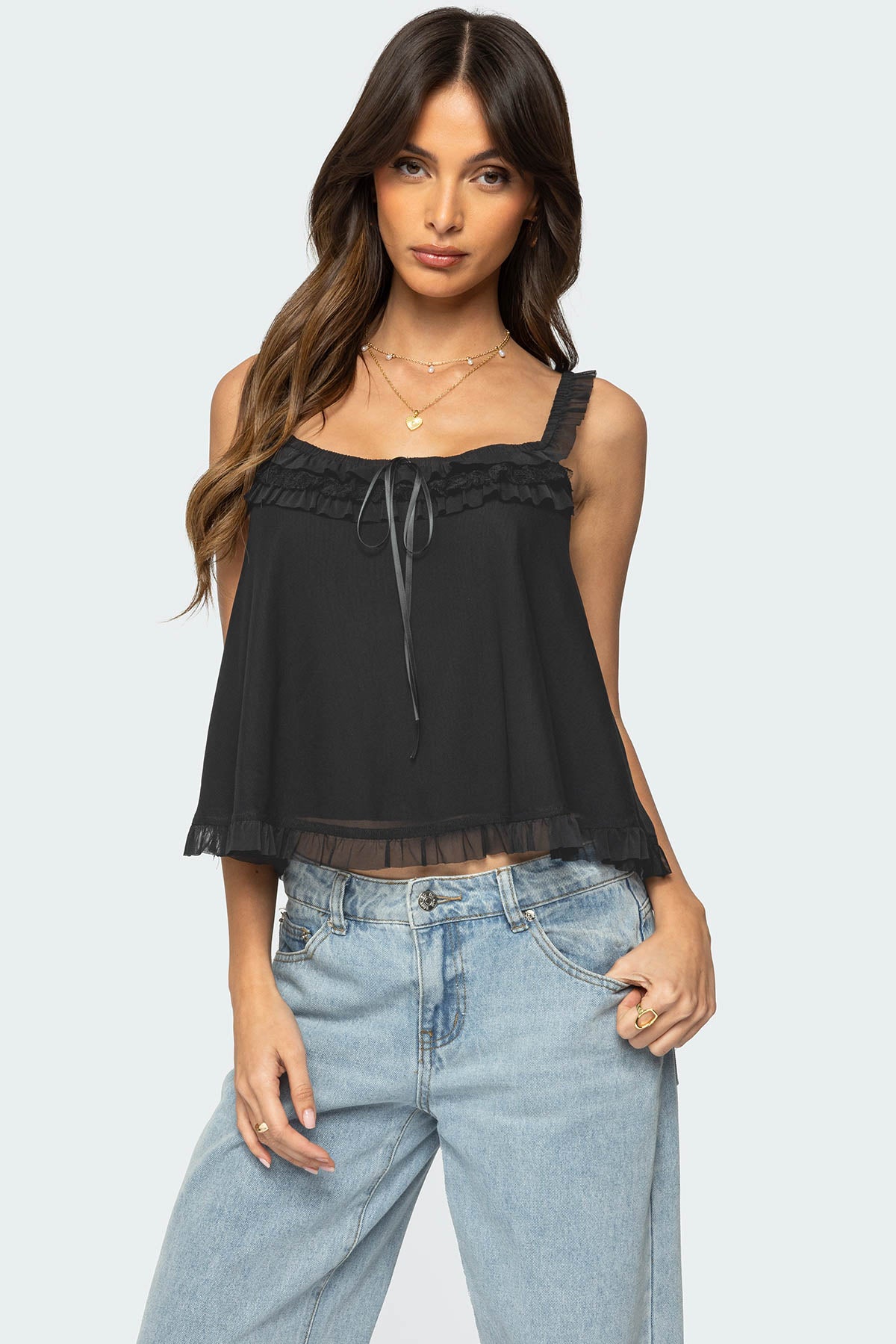 Ruffle Mesh Babydoll Tank Top-Milans Time