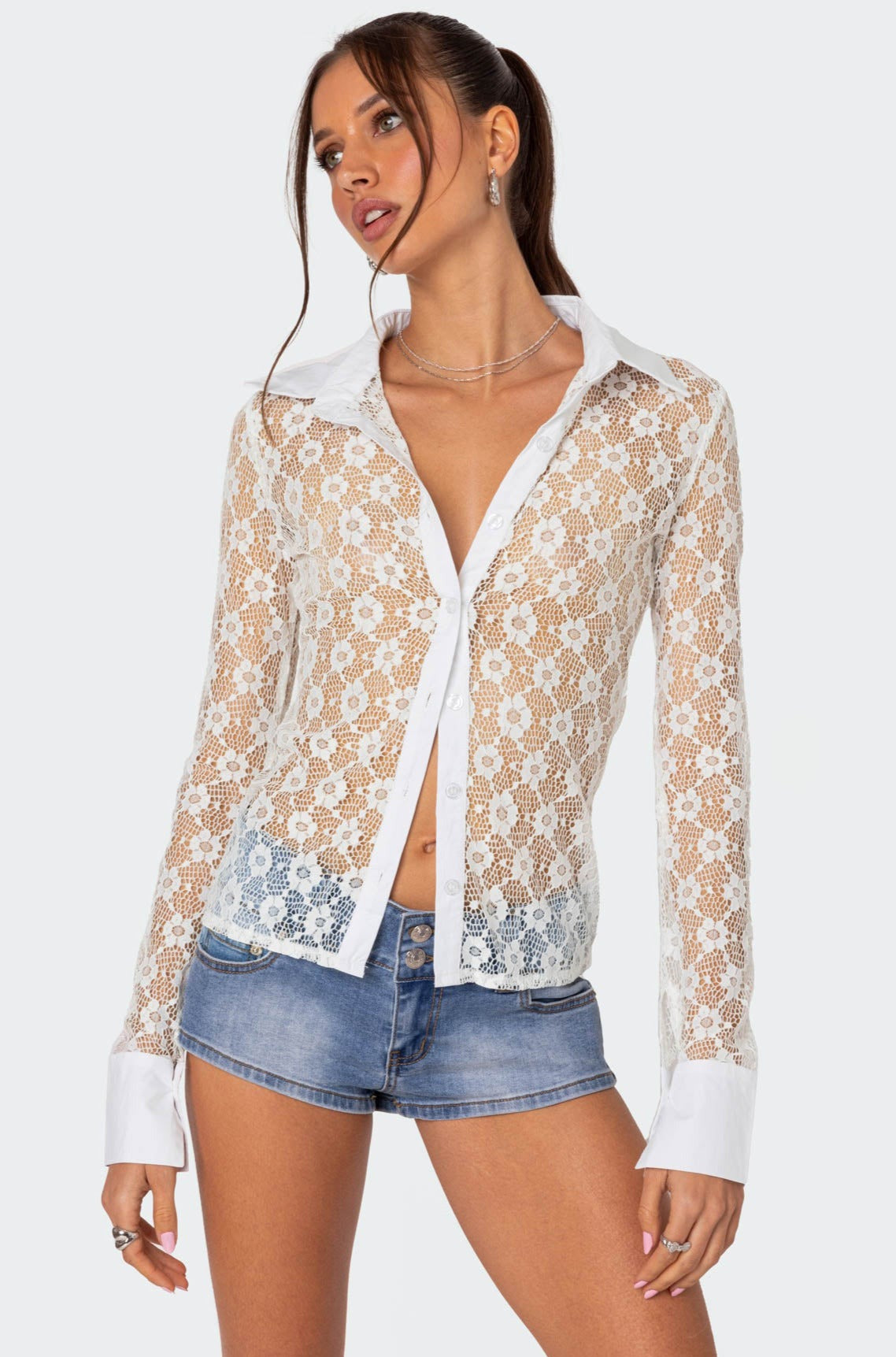 Cecilia Sheer Lace Button Up Shirt-Milans Time