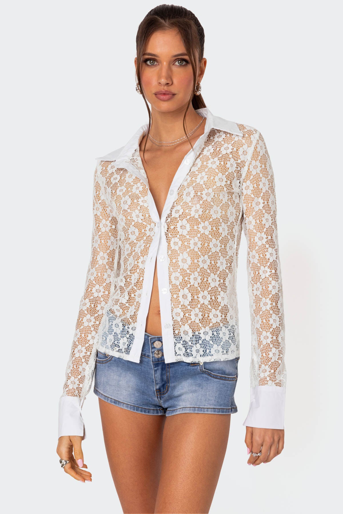 Cecilia Sheer Lace Button Up Shirt-Milans Time