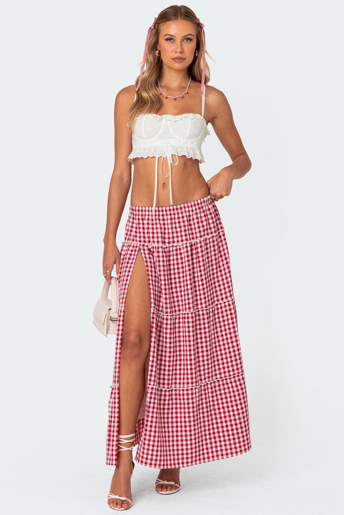 Gingham Side Slit Tiered Maxi Skirt-Milans Time