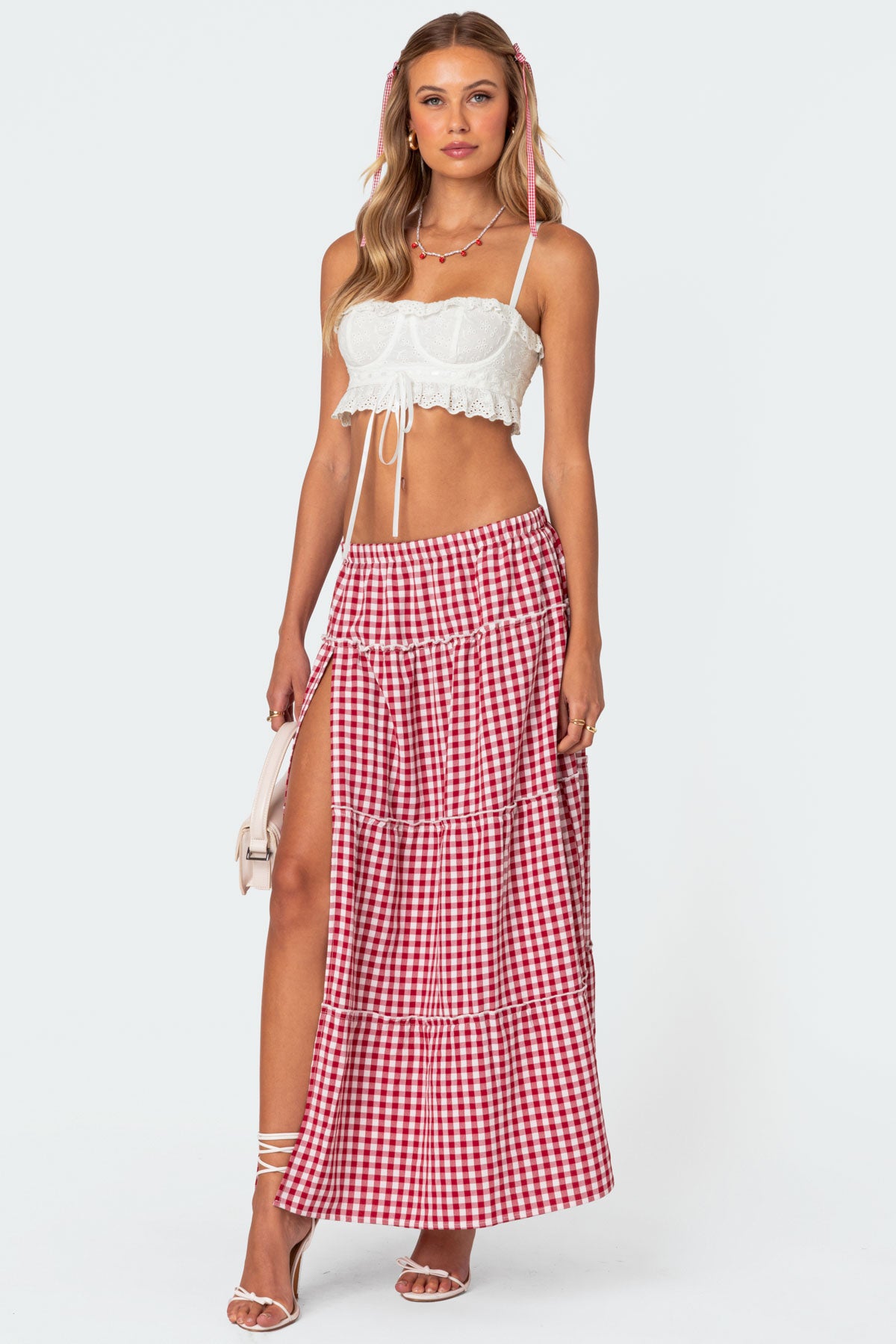 Gingham Side Slit Tiered Maxi Skirt-Milans Time