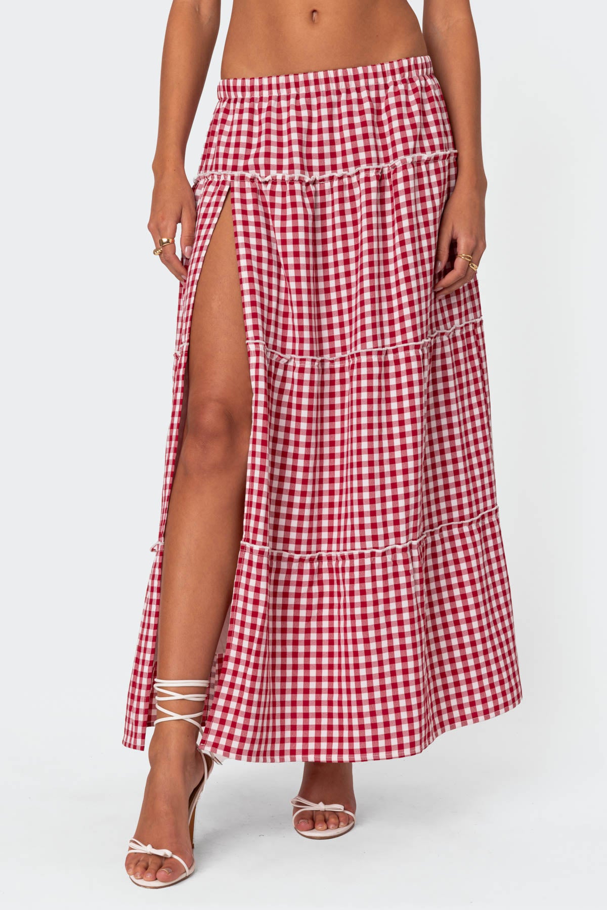 Gingham Side Slit Tiered Maxi Skirt-Milans Time