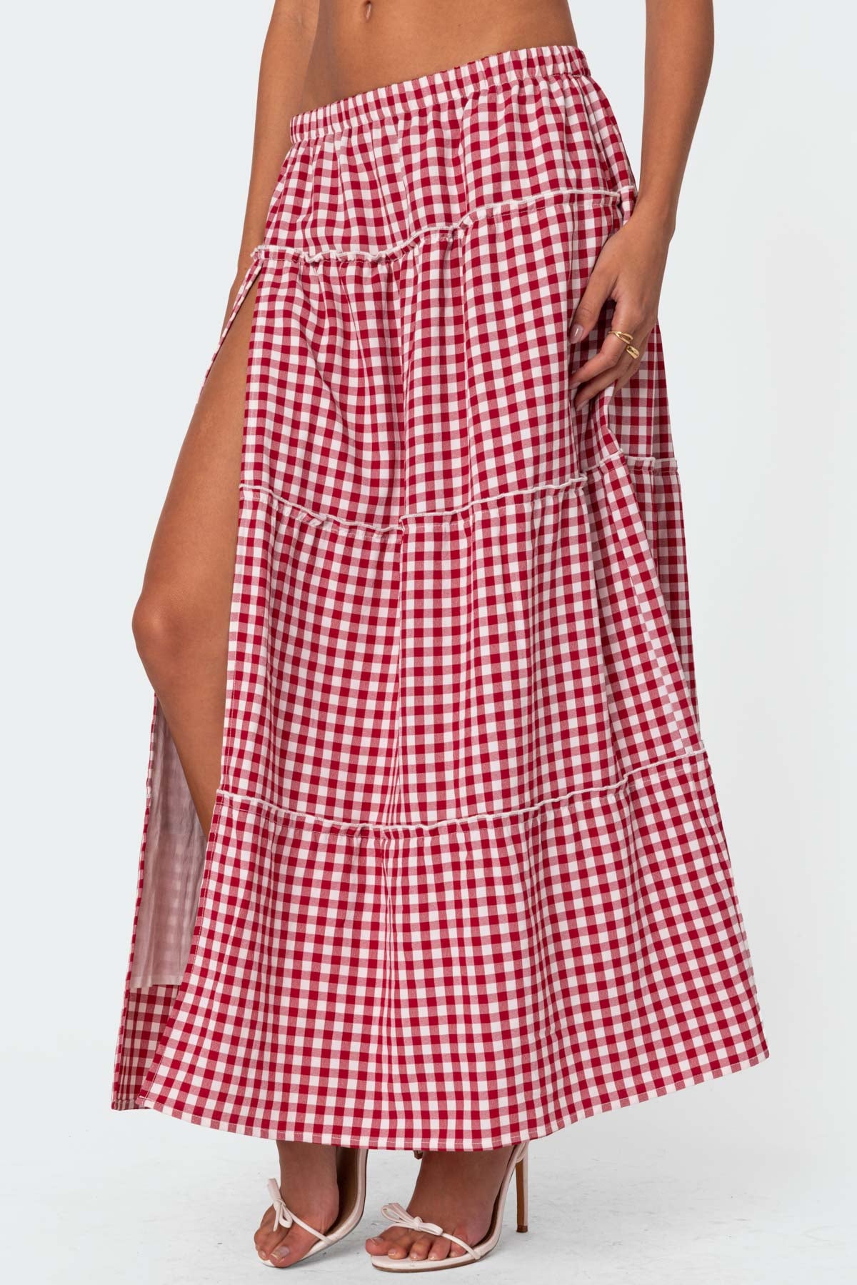 Gingham Side Slit Tiered Maxi Skirt-Milans Time