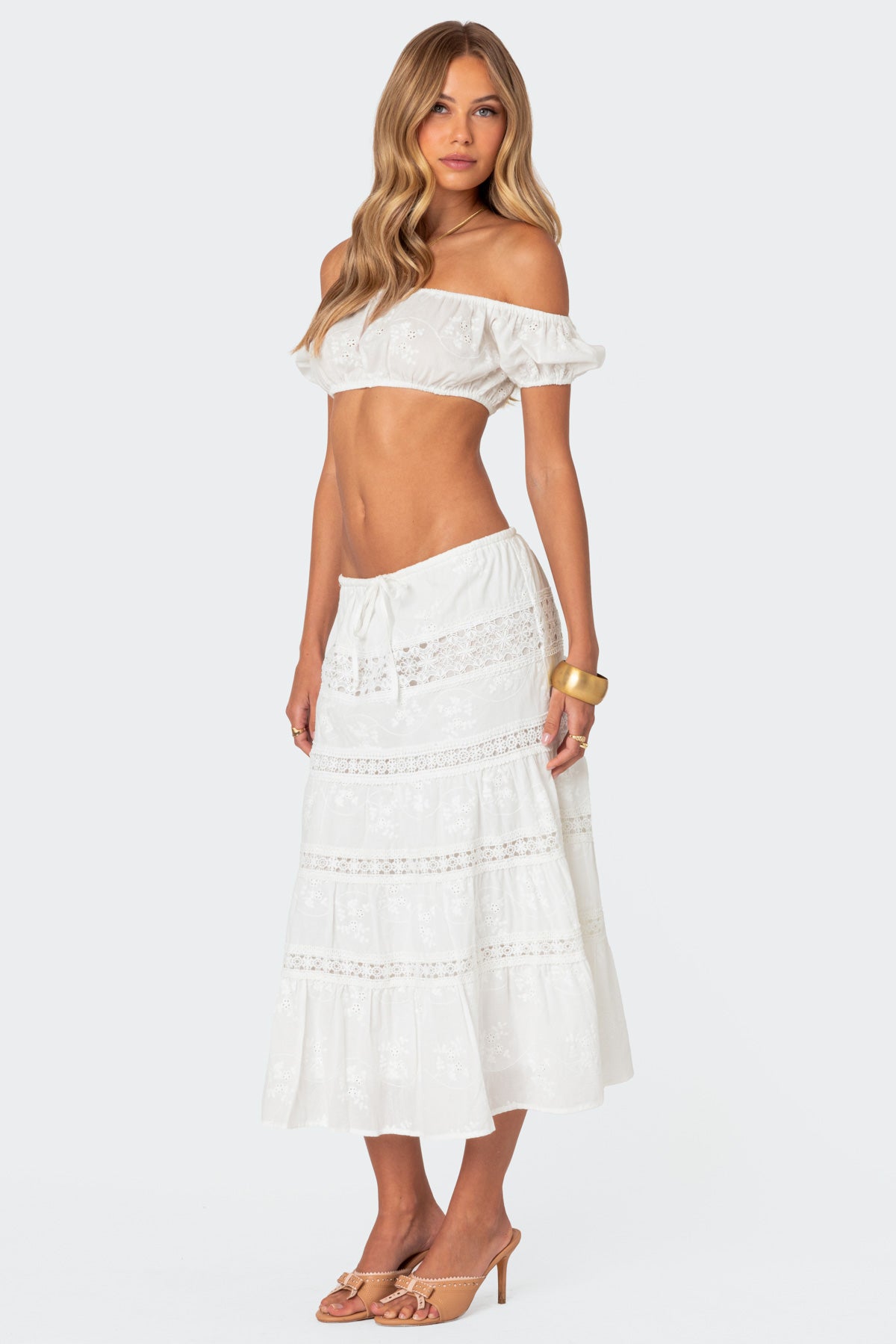 Skye Off Shoulder Eyelet Crop Top-Milans Time