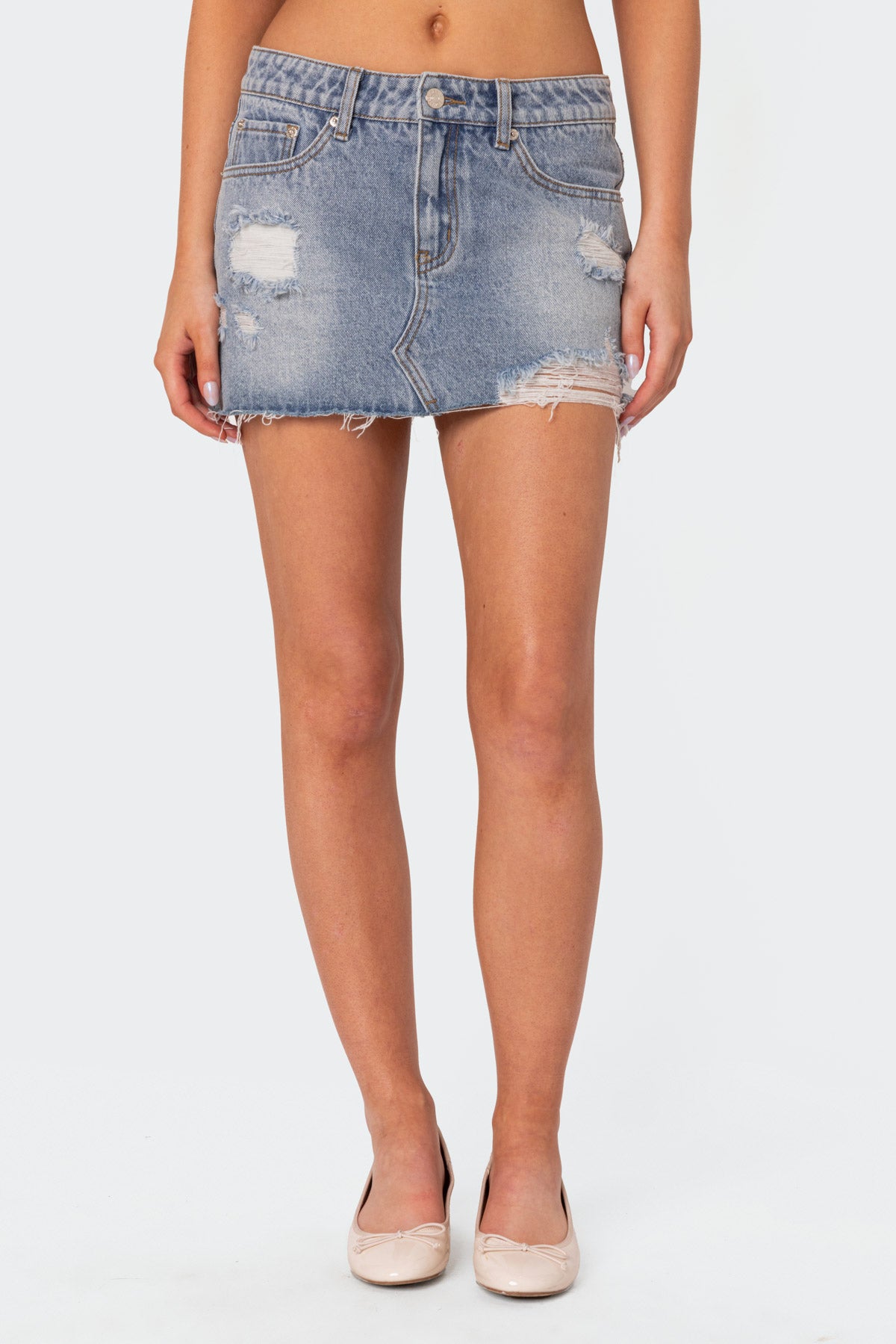 Ginnie Low Rise Distressed Denim Mini Skirt-Milans Time