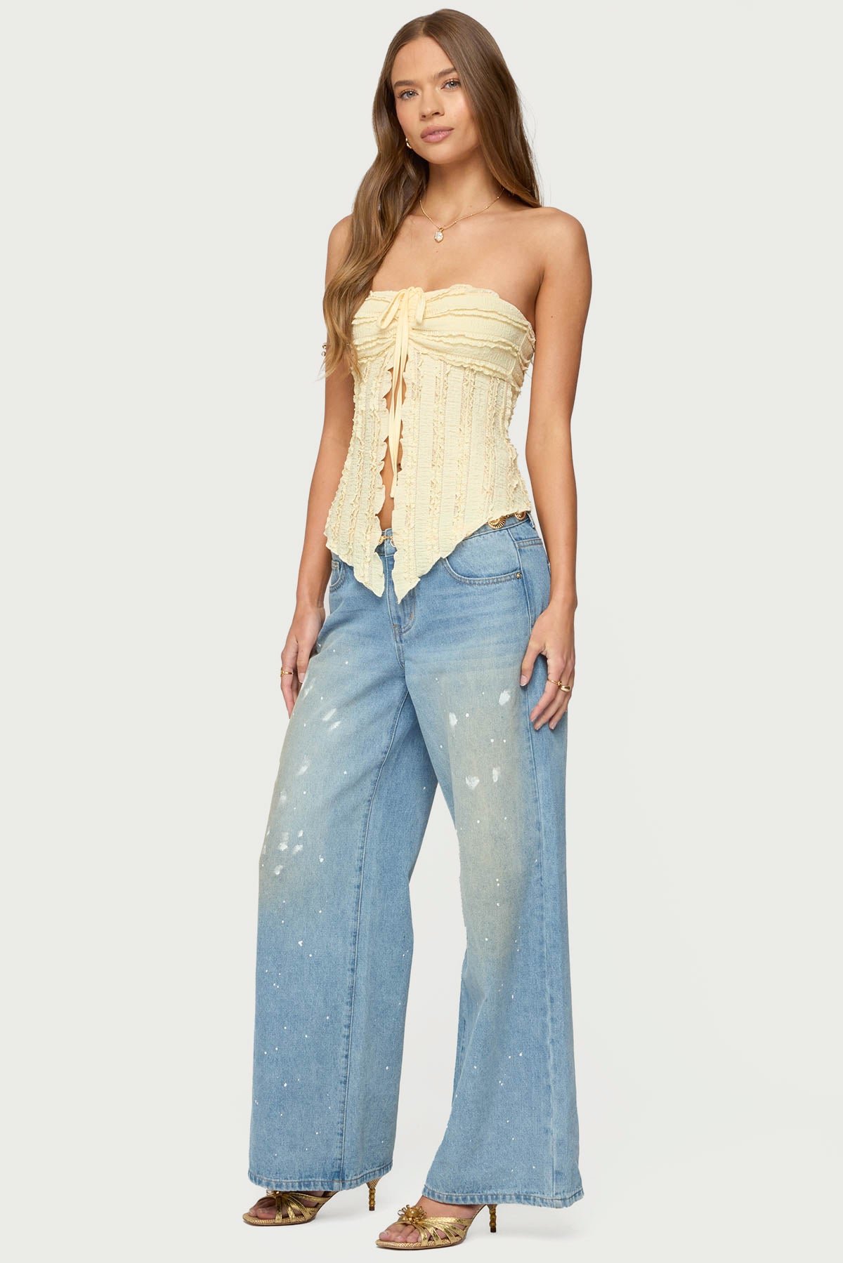 Textured Ruffle Split Front Strapless Top-Milans Time