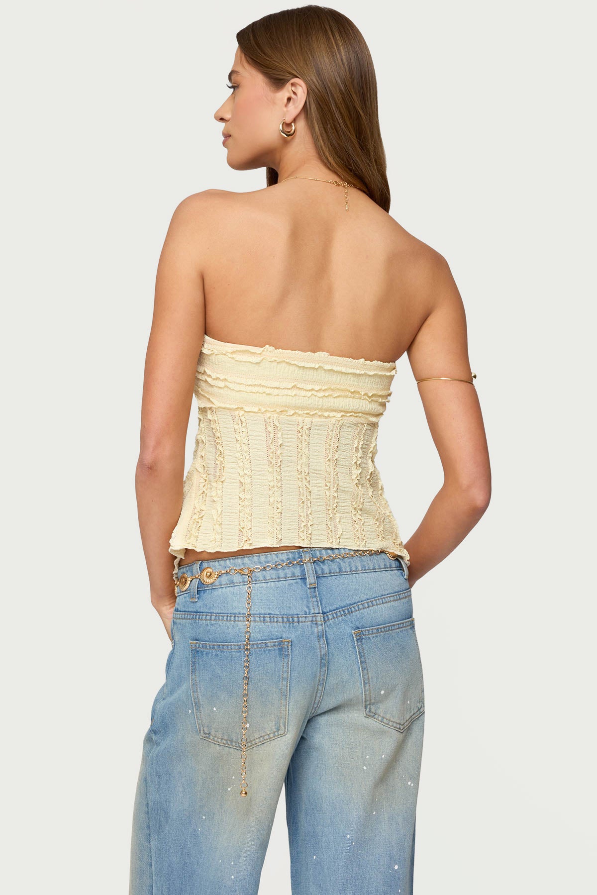 Textured Ruffle Split Front Strapless Top-Milans Time