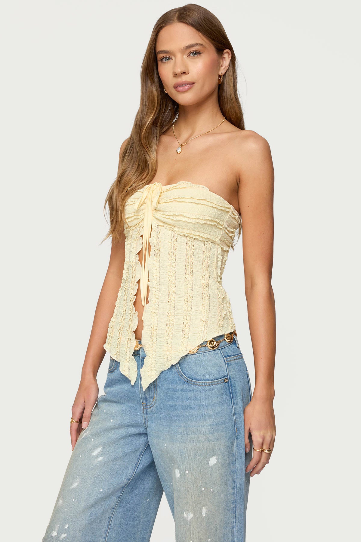 Textured Ruffle Split Front Strapless Top-Milans Time