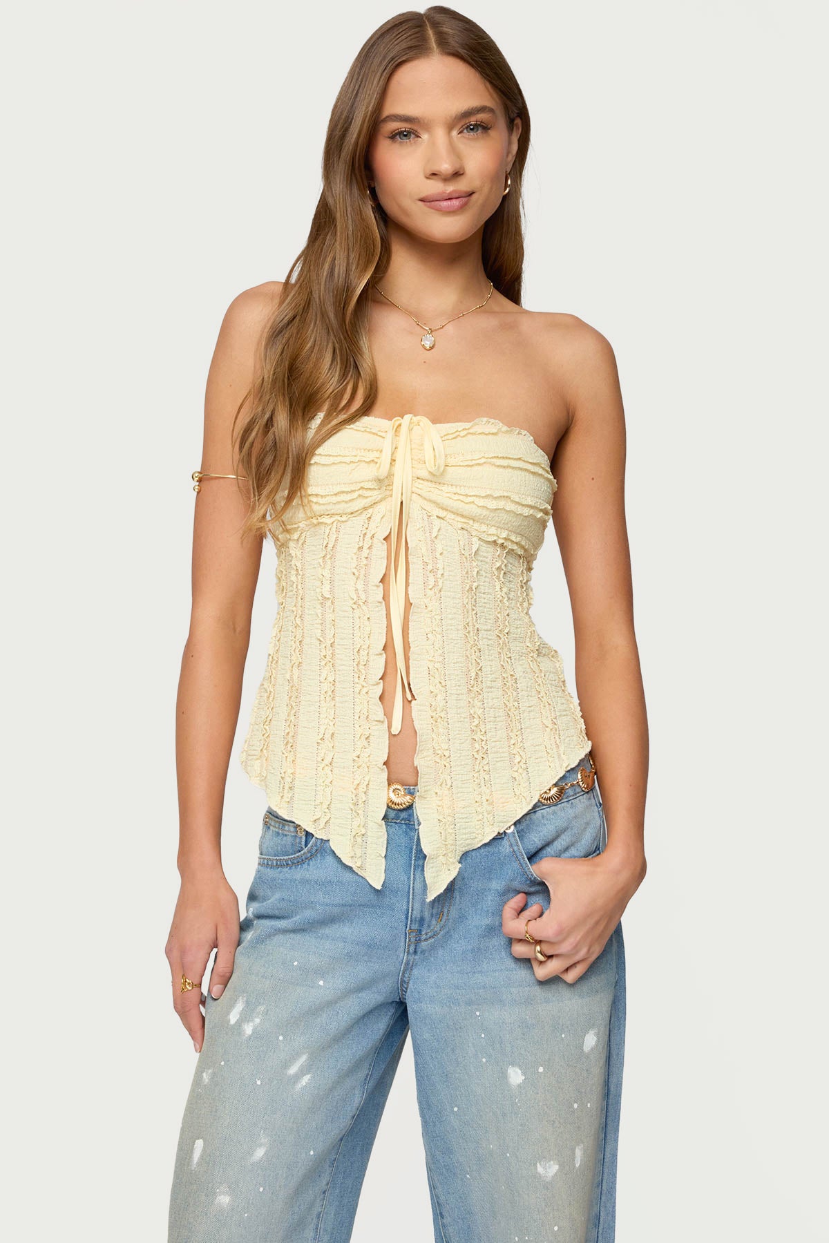 Textured Ruffle Split Front Strapless Top-Milans Time