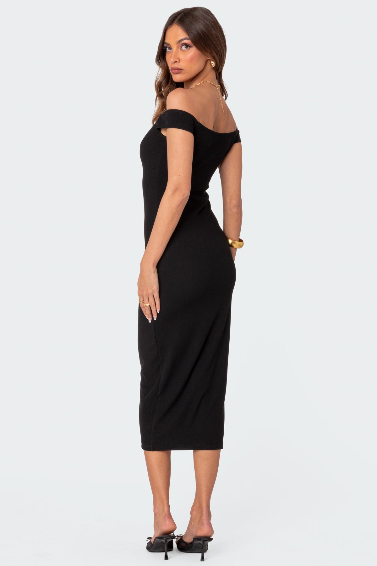 Kyla Off Shoulder Ribbed Midi Dress-Milans Time