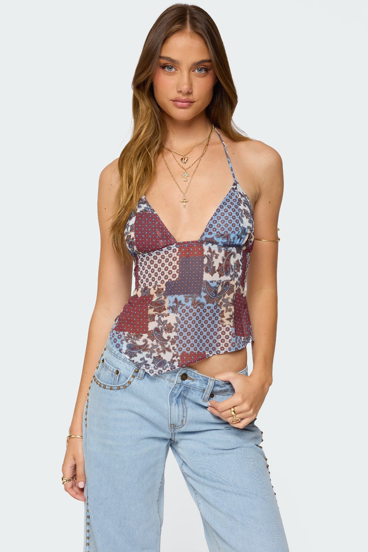 Mixed Patchwork Chiffon Halter Top-Milans Time