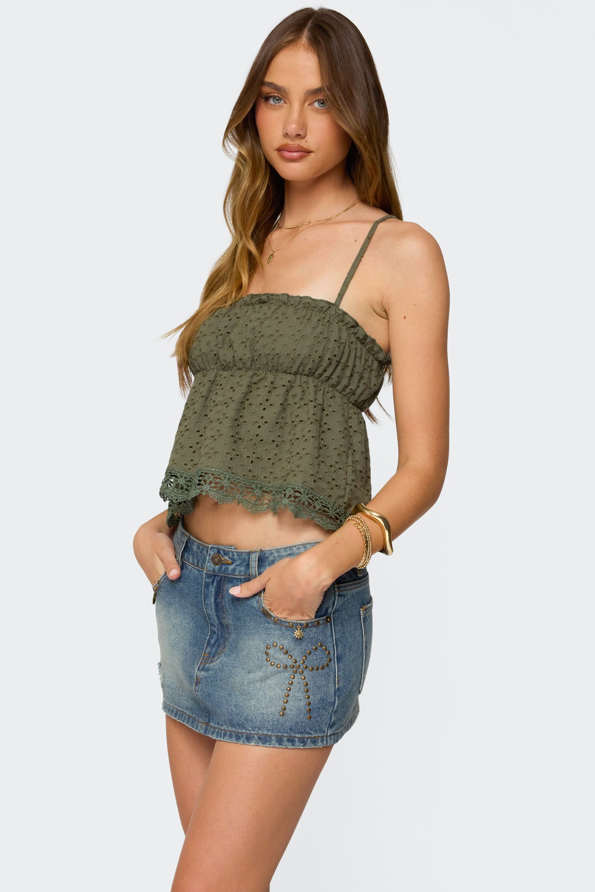Orian Eyelet Babydoll Tank Top-Milans Time