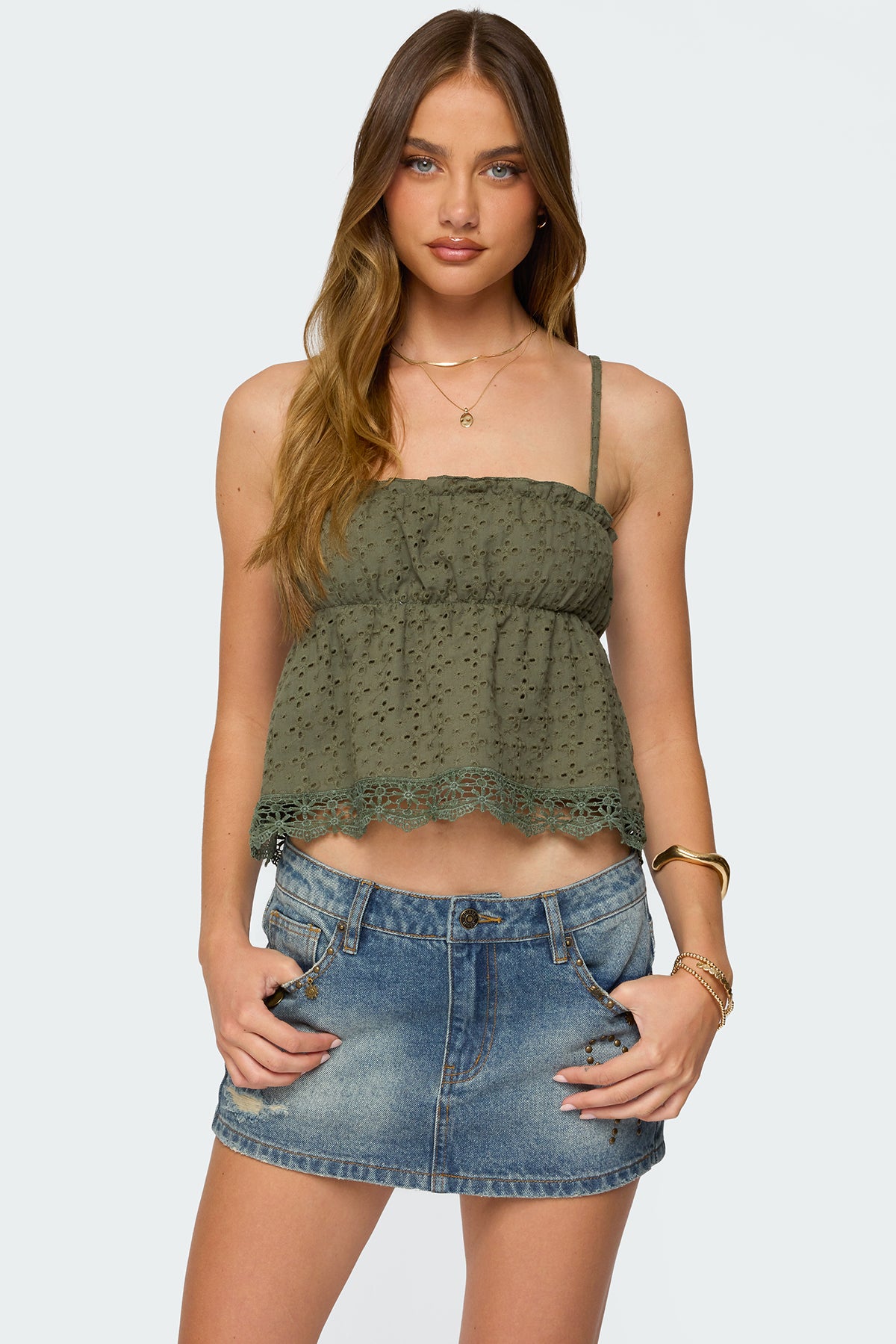 Orian Eyelet Babydoll Tank Top-Milans Time