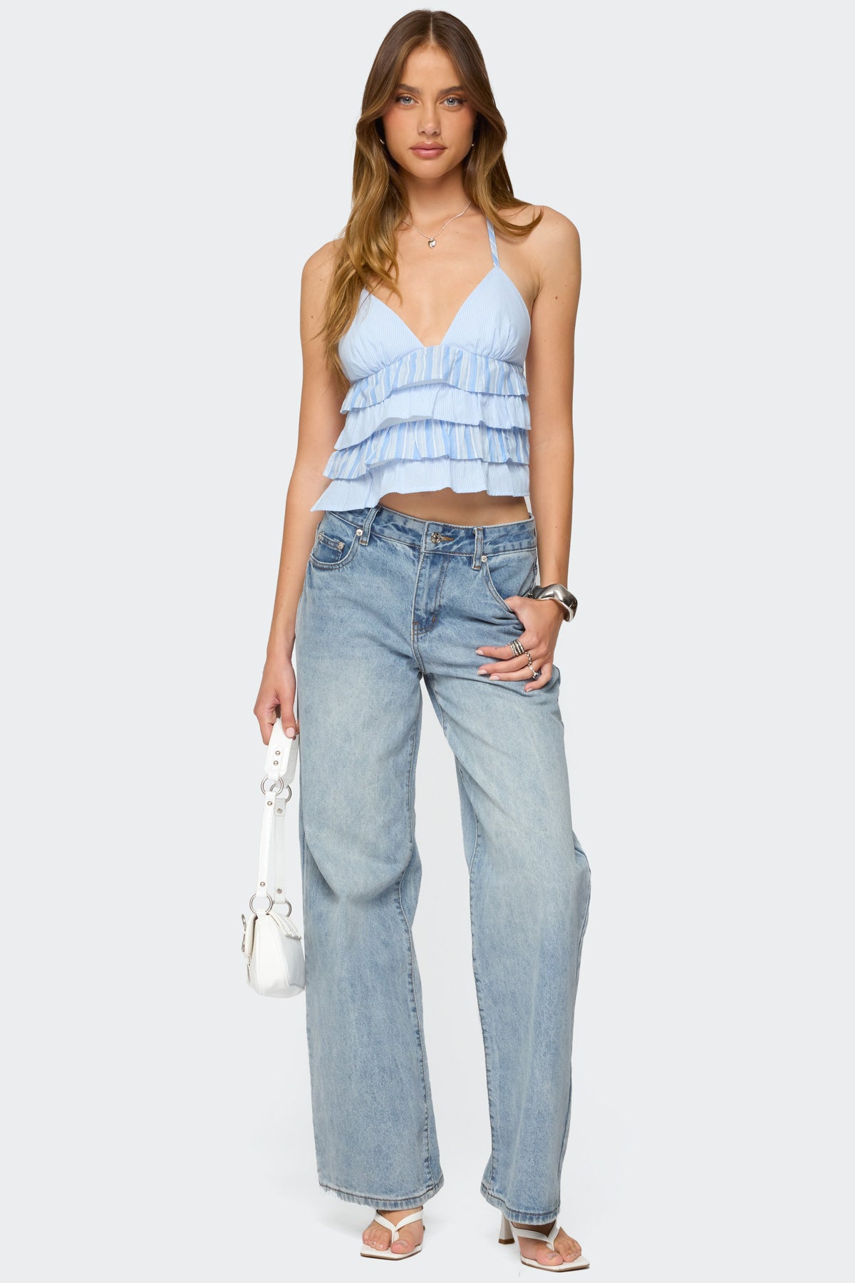 Tiered Ruffle Backless Striped Halter Top-Milans Time