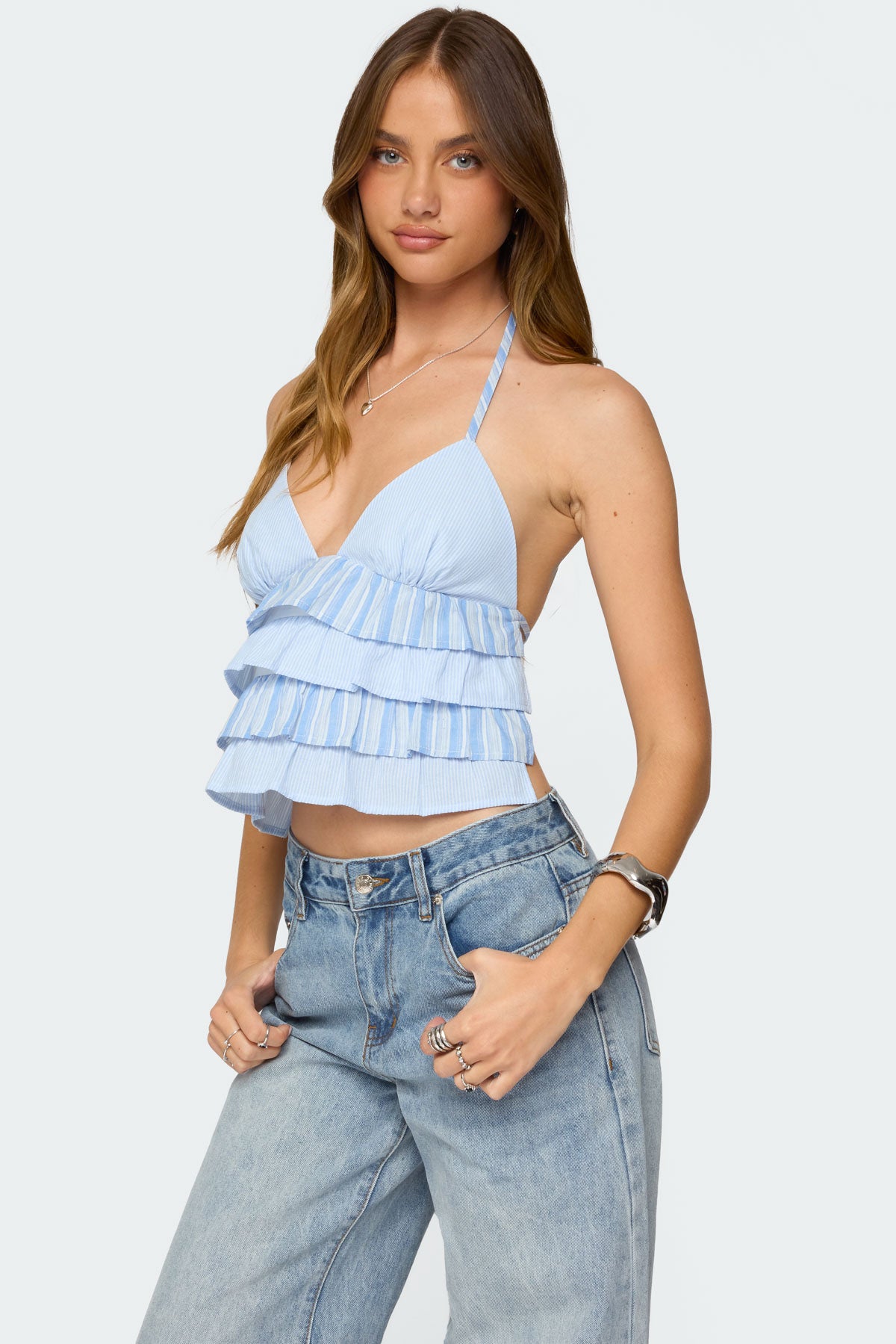 Tiered Ruffle Backless Striped Halter Top-Milans Time