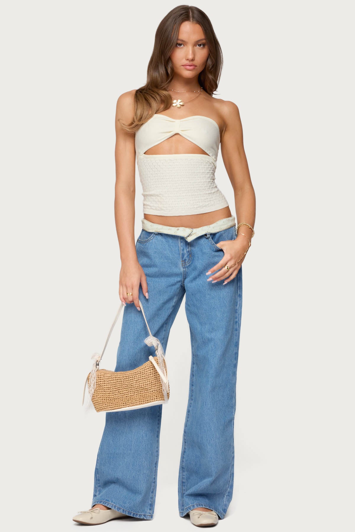 Floral Foldover Low Rise Baggy Jeans-Milans Time