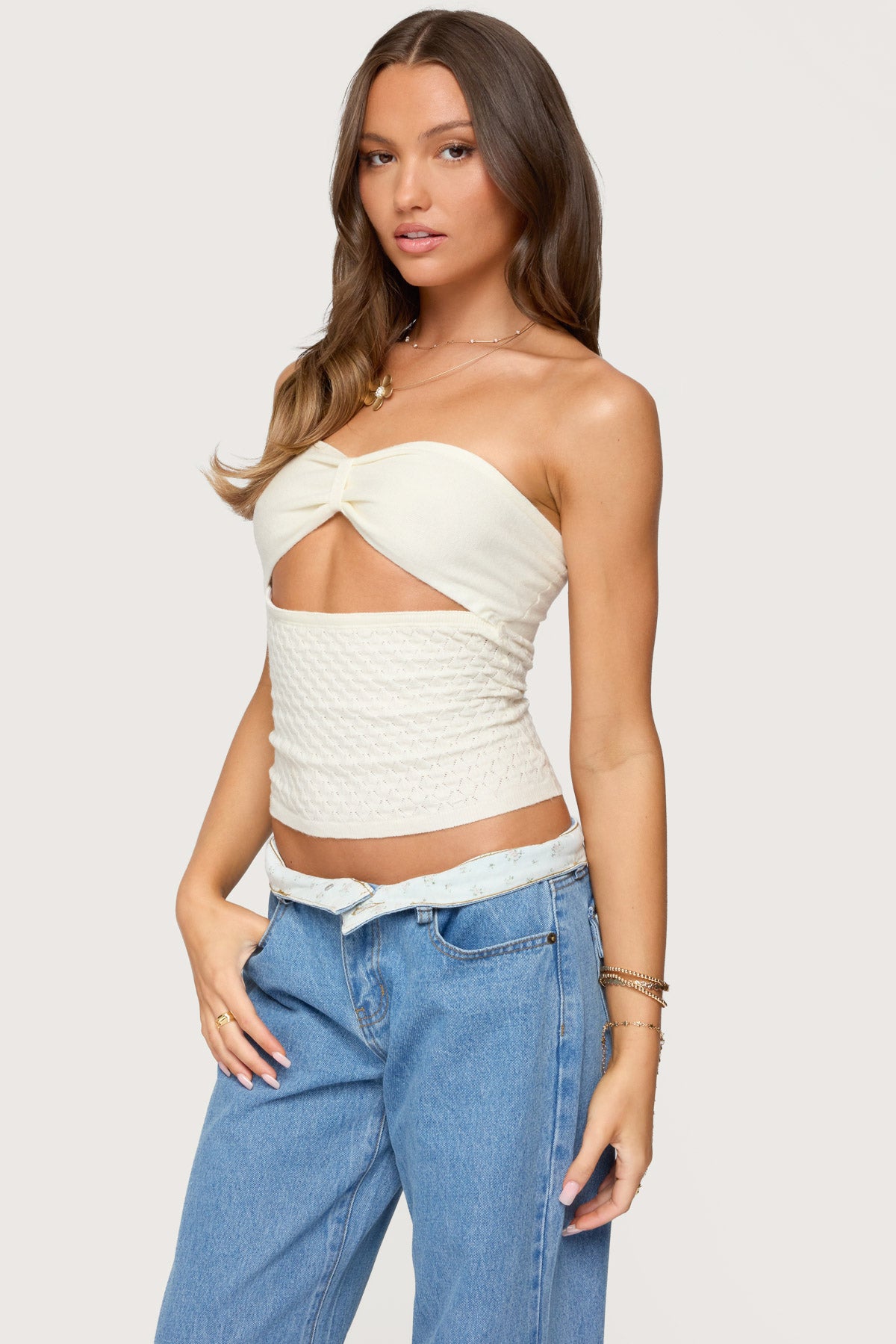 Textured Knit Strapless Cutout Top-Milans Time