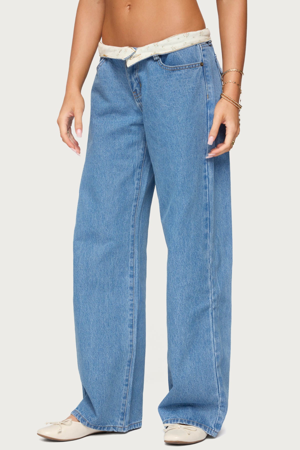 Floral Foldover Low Rise Baggy Jeans-Milans Time