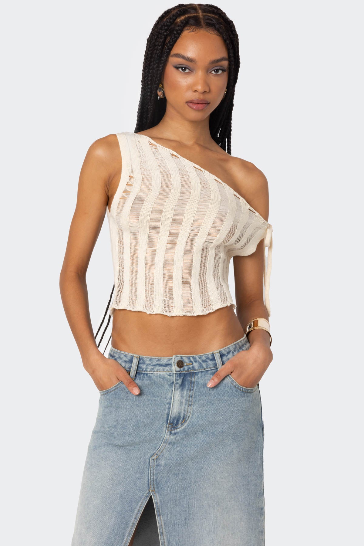 Tamra Sheer Knit Asymmetric Top-Milans Time