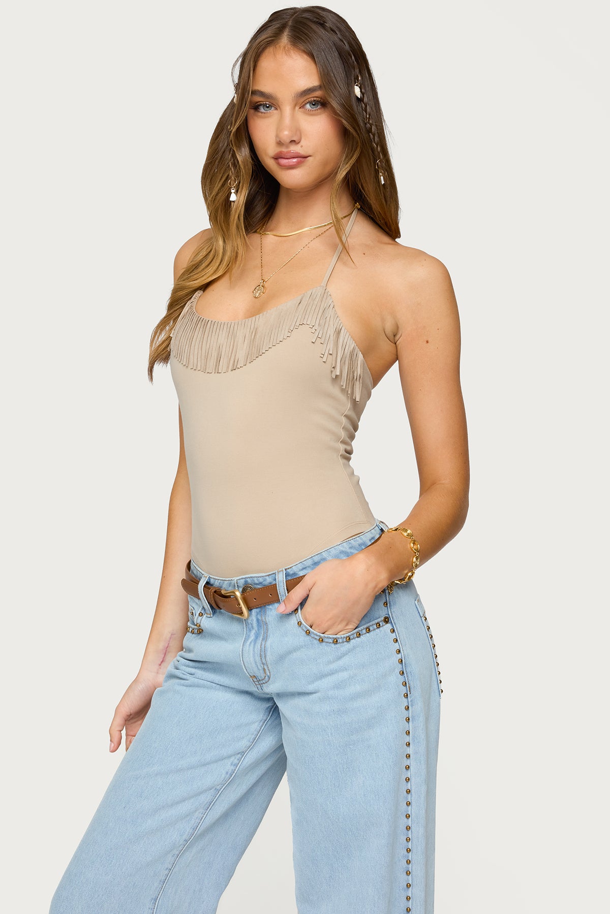 Colbie Faux Suede Fringe Trim Bodysuit-Milans Time