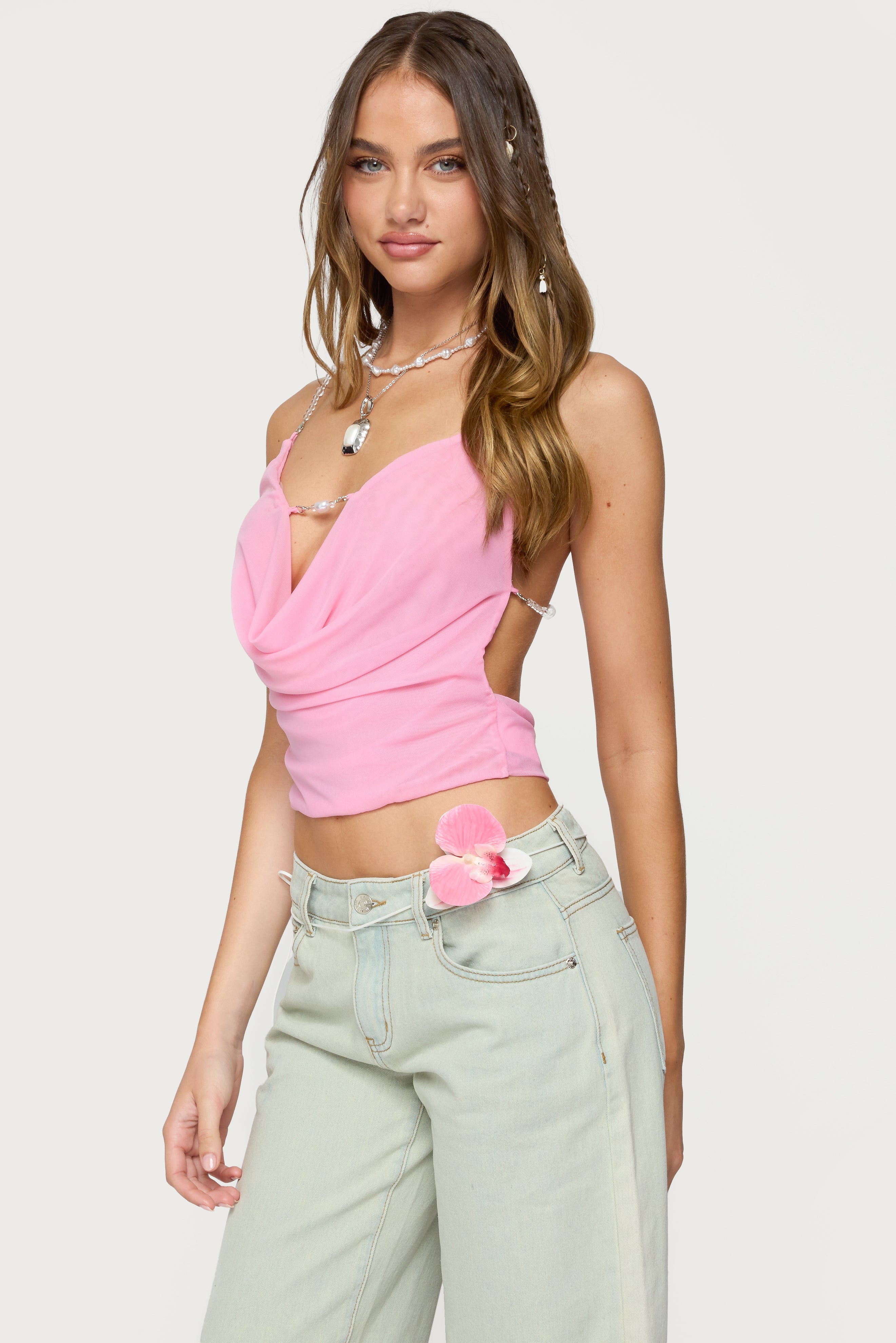 Beaded Deep Cowl Neck Backless Top-Milans Time