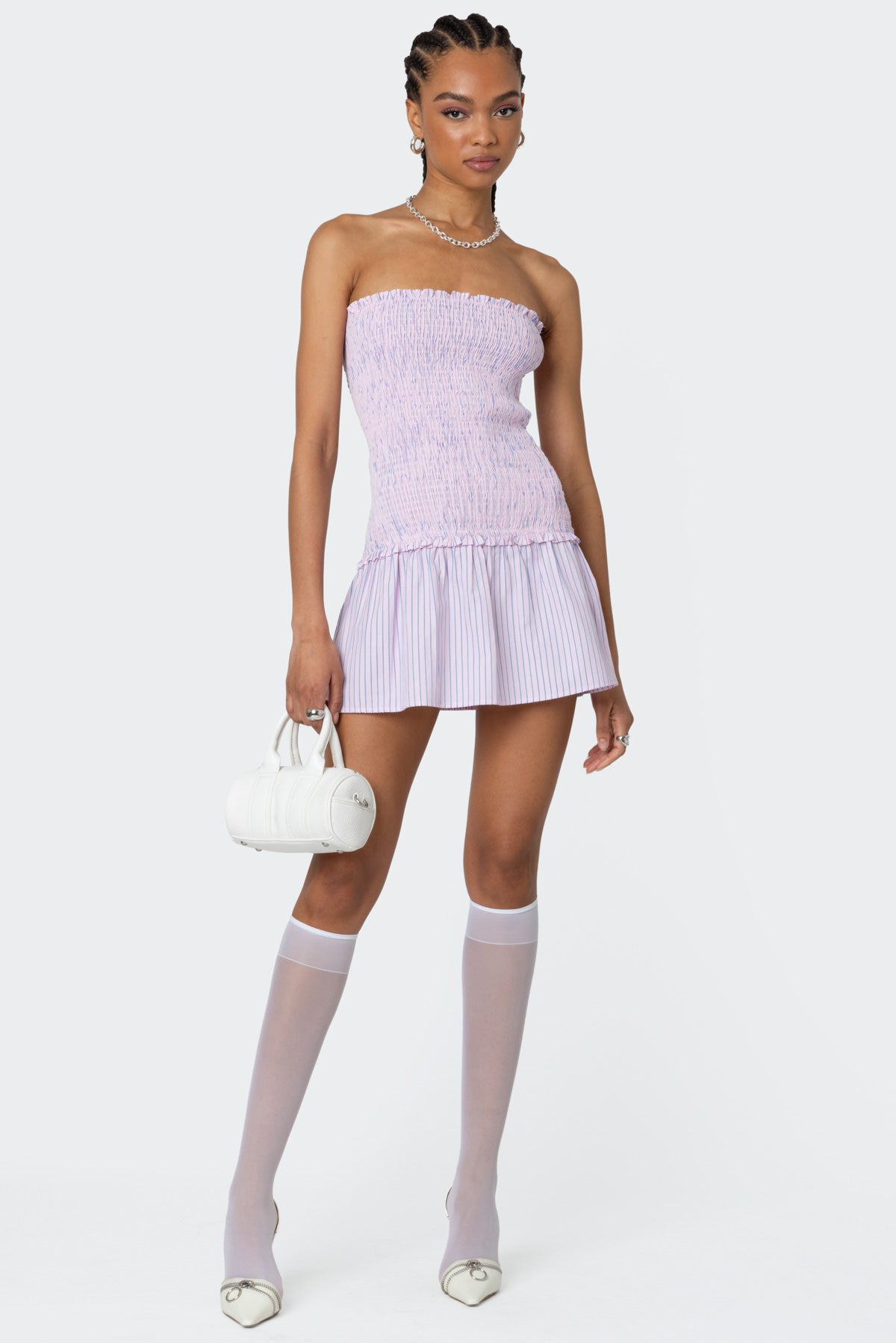 Striped Scrunch Strapless Mini Dress-Milans Time