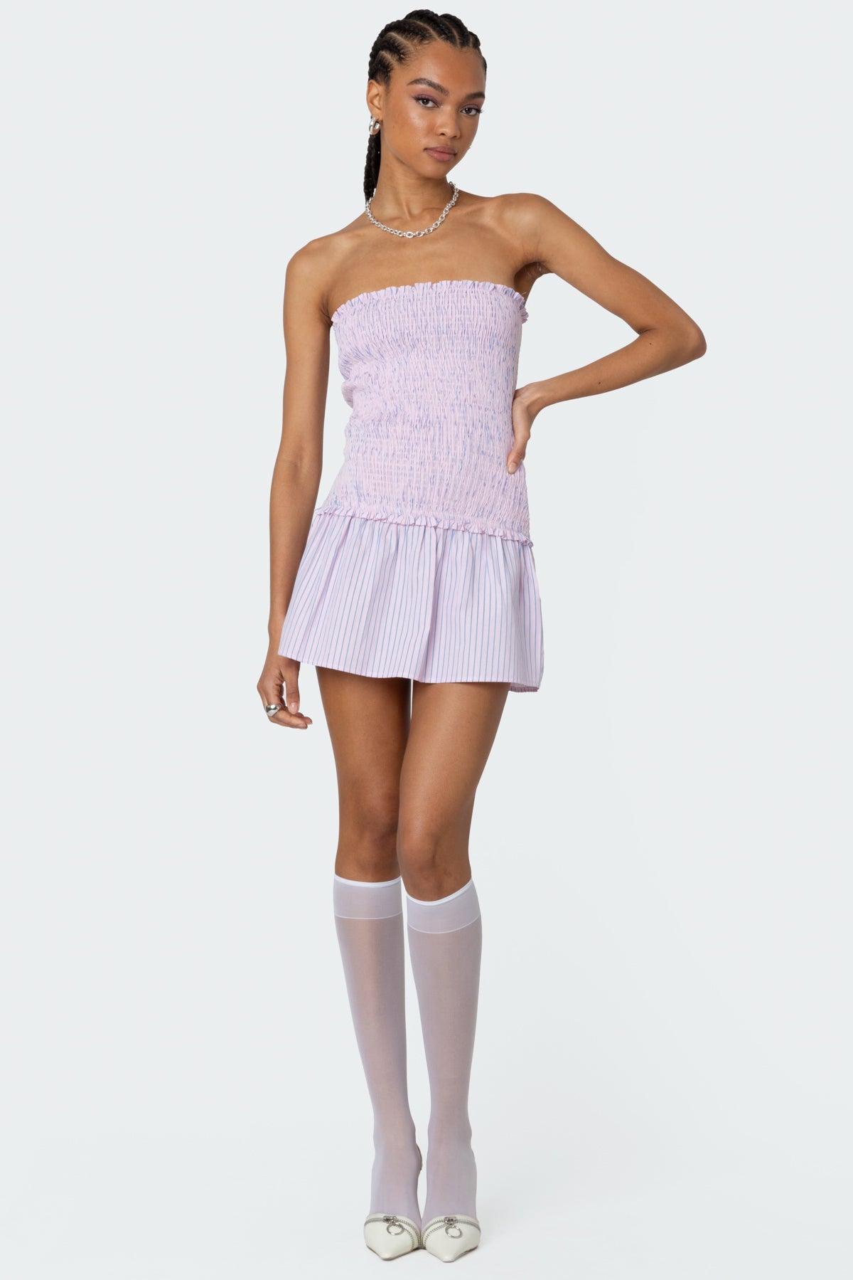 Striped Scrunch Strapless Mini Dress-Milans Time